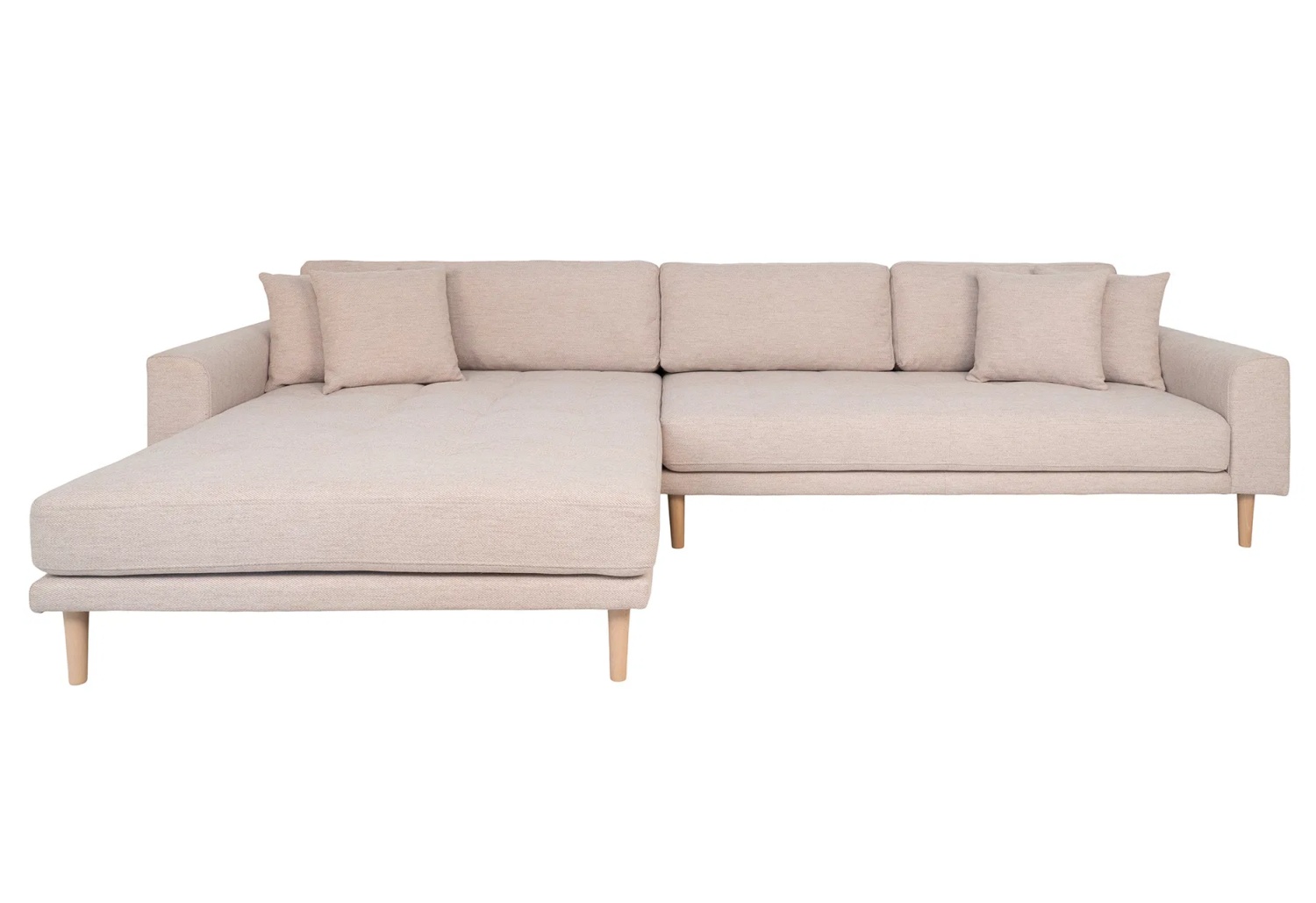 Lido Loungesofa 290x170 cm sand mit Ottomane rechts, 4 Kissen und Holzbeinen natur
