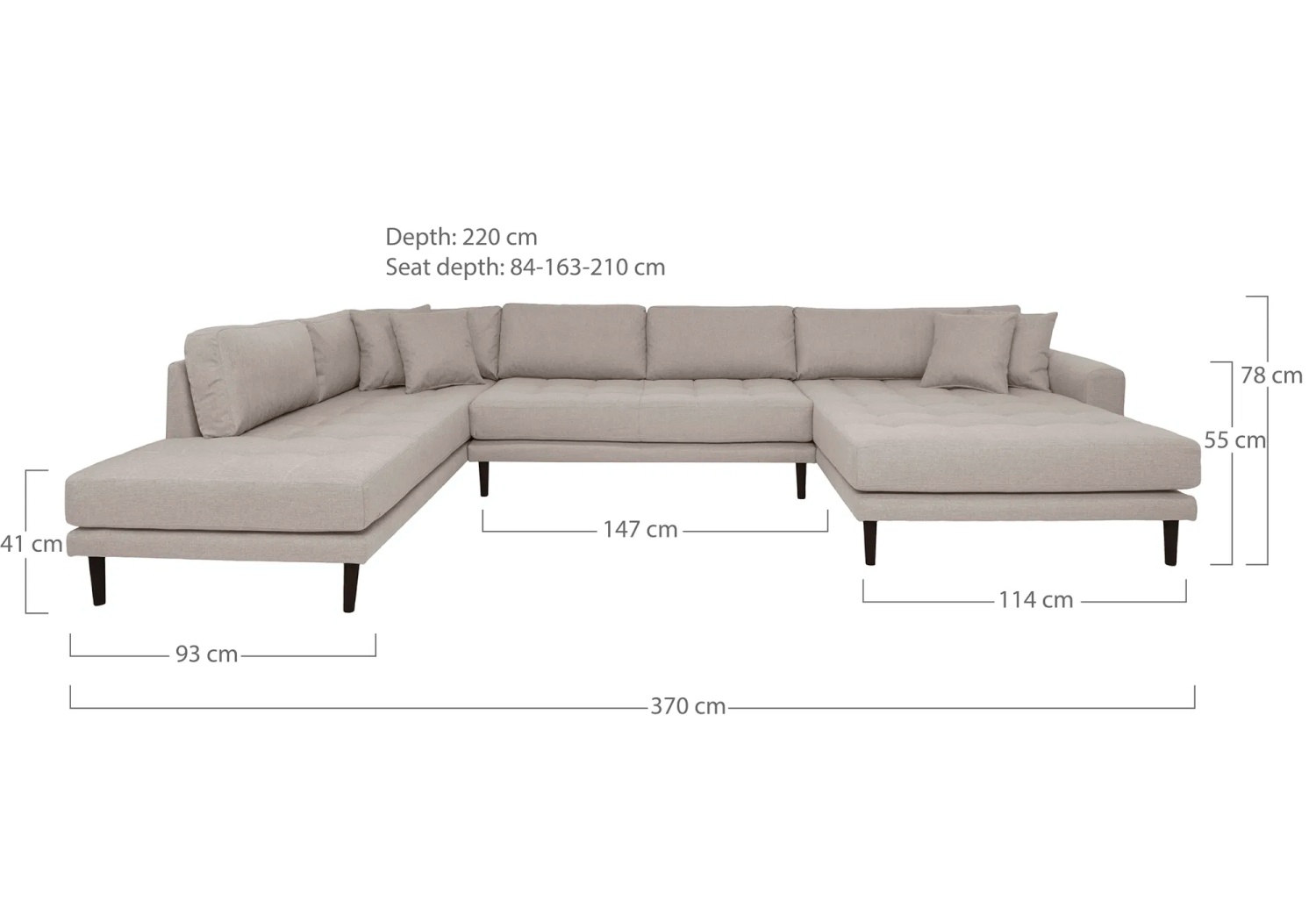 Lido Sofa U-Form, rechts gewendet, stone mit 4 Kissen und schwarzen Holzbeinen