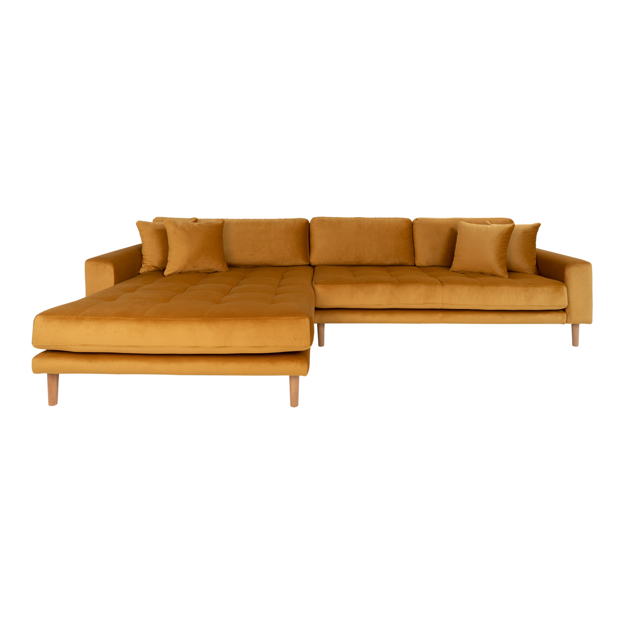 Lido Samt-Loungesofa 290x170 cm senfgelb mit Ottomane links, 4 Kissen und Holzbeinen natur