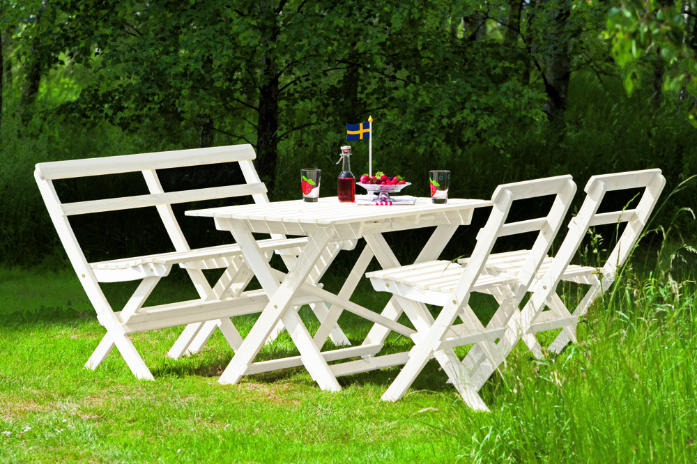 Torpet Garten-Sitzgruppe klappbar, Kiefer weiß, Tisch/Bank/2 Stühle