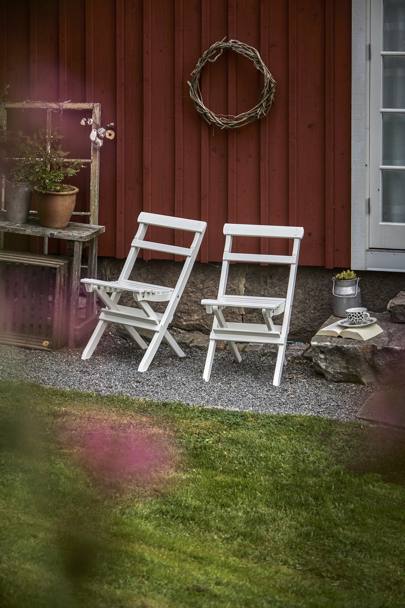 Torpet Garten-Sitzgruppe klappbar, Kiefer weiß, Tisch/Bank/2 Stühle