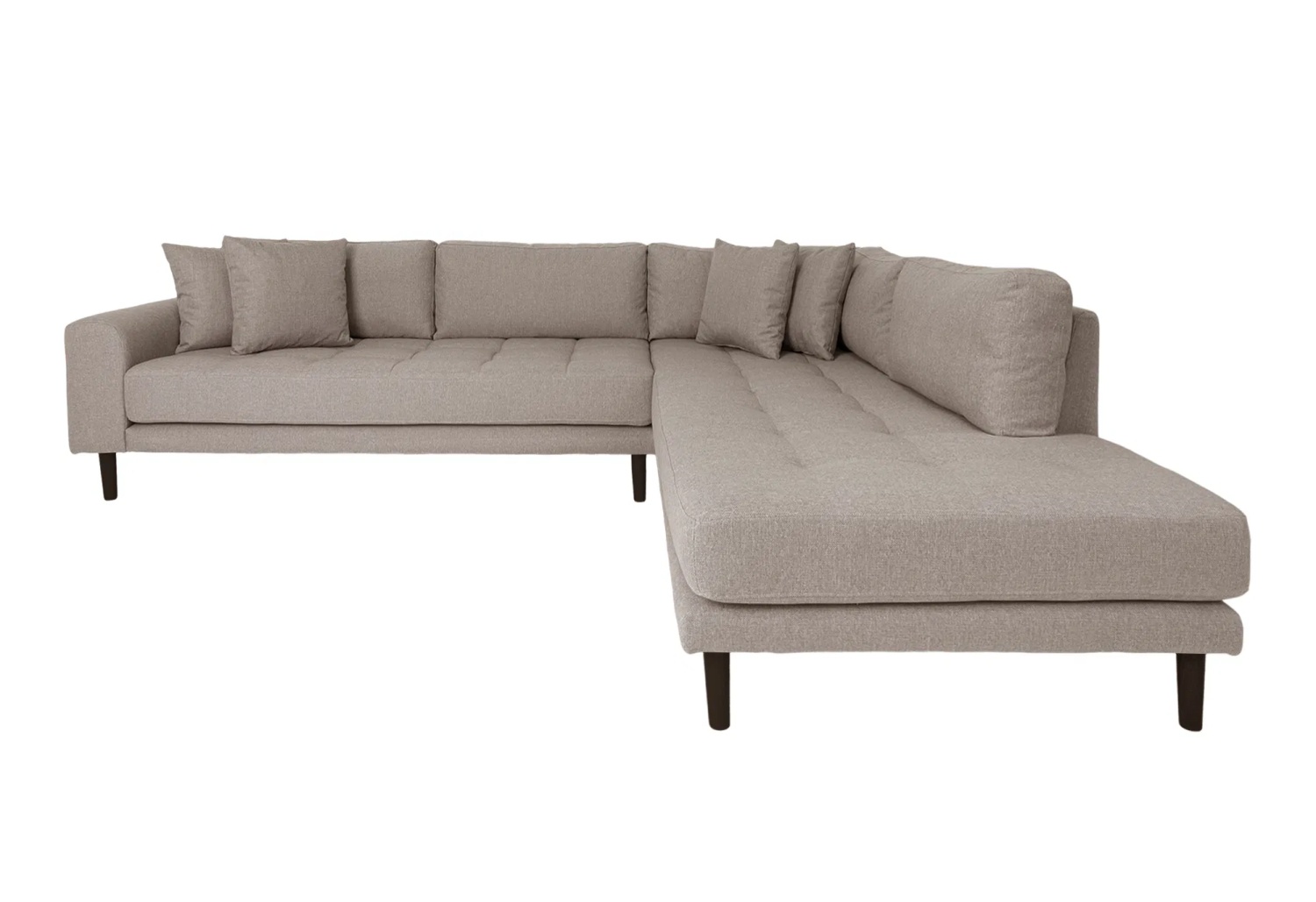 Lido Ecksofa 257x220 cm stone mit Ottomane rechts, 4 Kissen und Holzbeinen schwarz