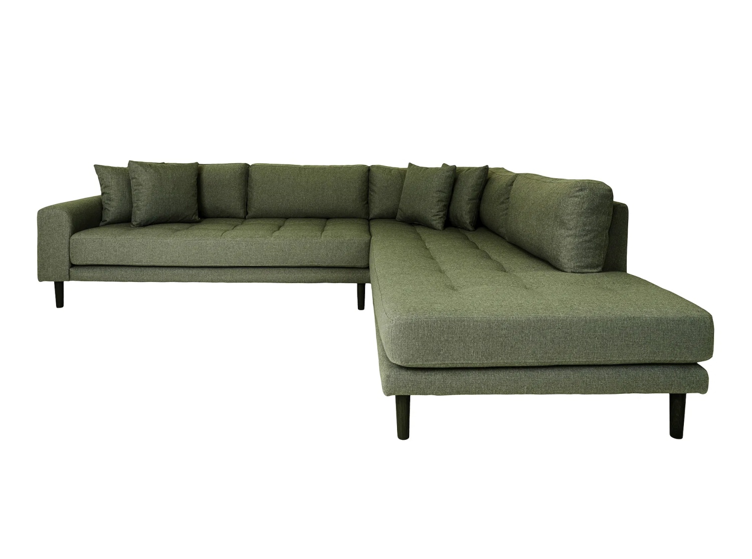 Lido Ecksofa 257x220 cm olivgrün mit Ottomane rechts, 4 Kissen und Holzbeinen schwarz