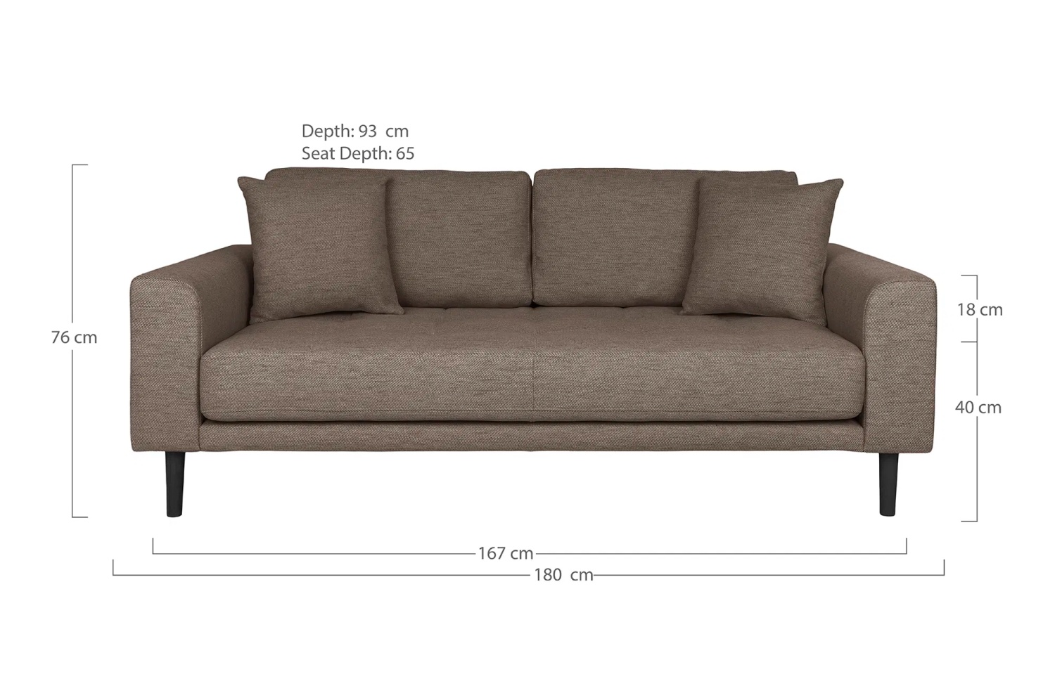 Lido 2,5 Sitzer-Sofa braun mit 2 Kissen und Holzbeinen schwarz