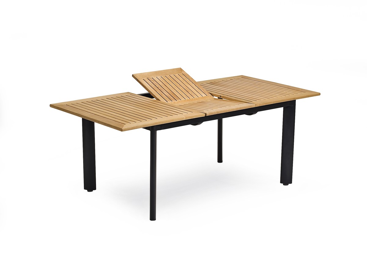 Nydala Teak-Tisch 150/200x96 cm mit Alu-Gestell schwarz und Butterfly-Auszug