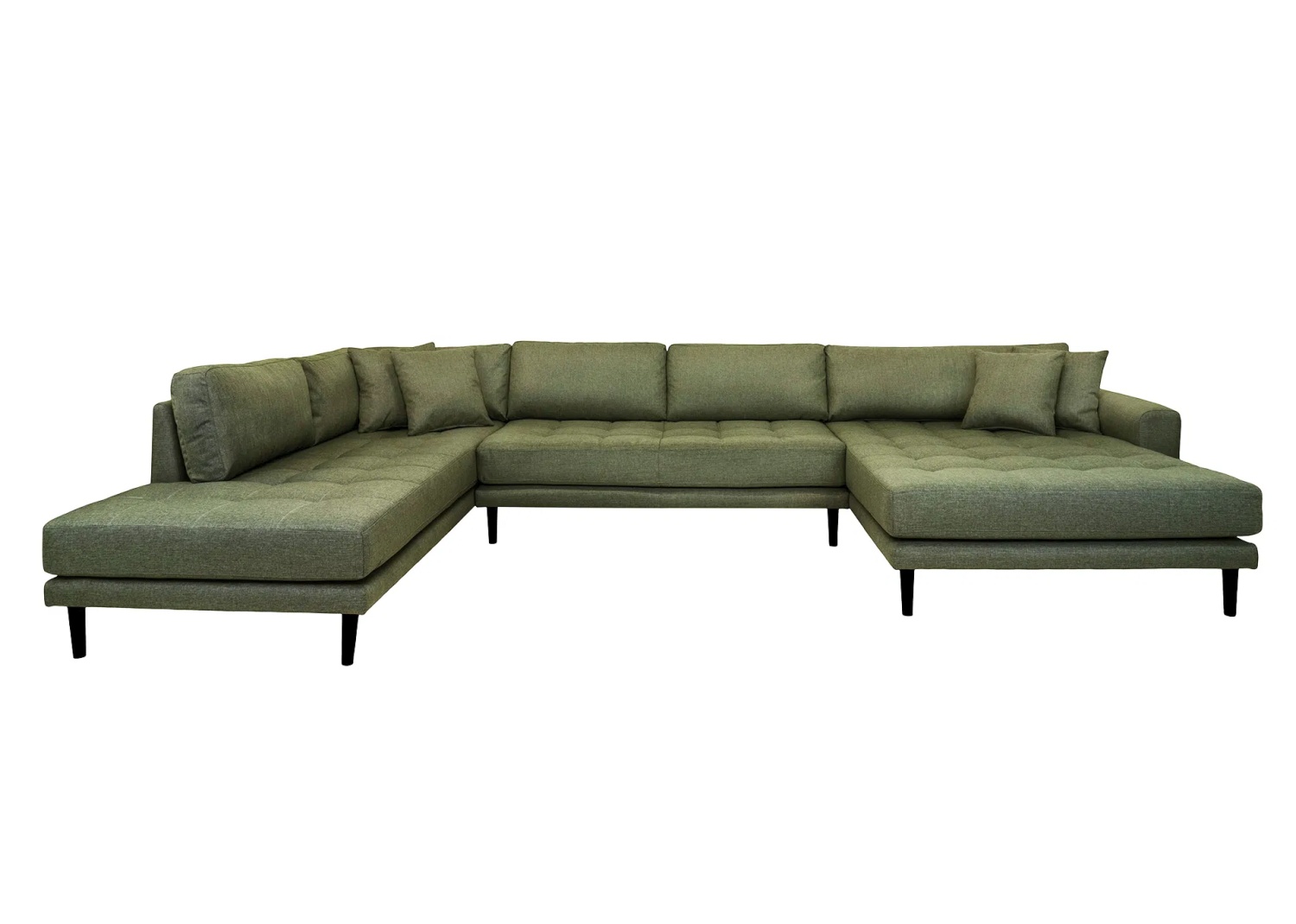 Lido Sofa U-Form, rechts gewendet, olivgrün mit 4 Kissen und schwarzen Holzbeinen