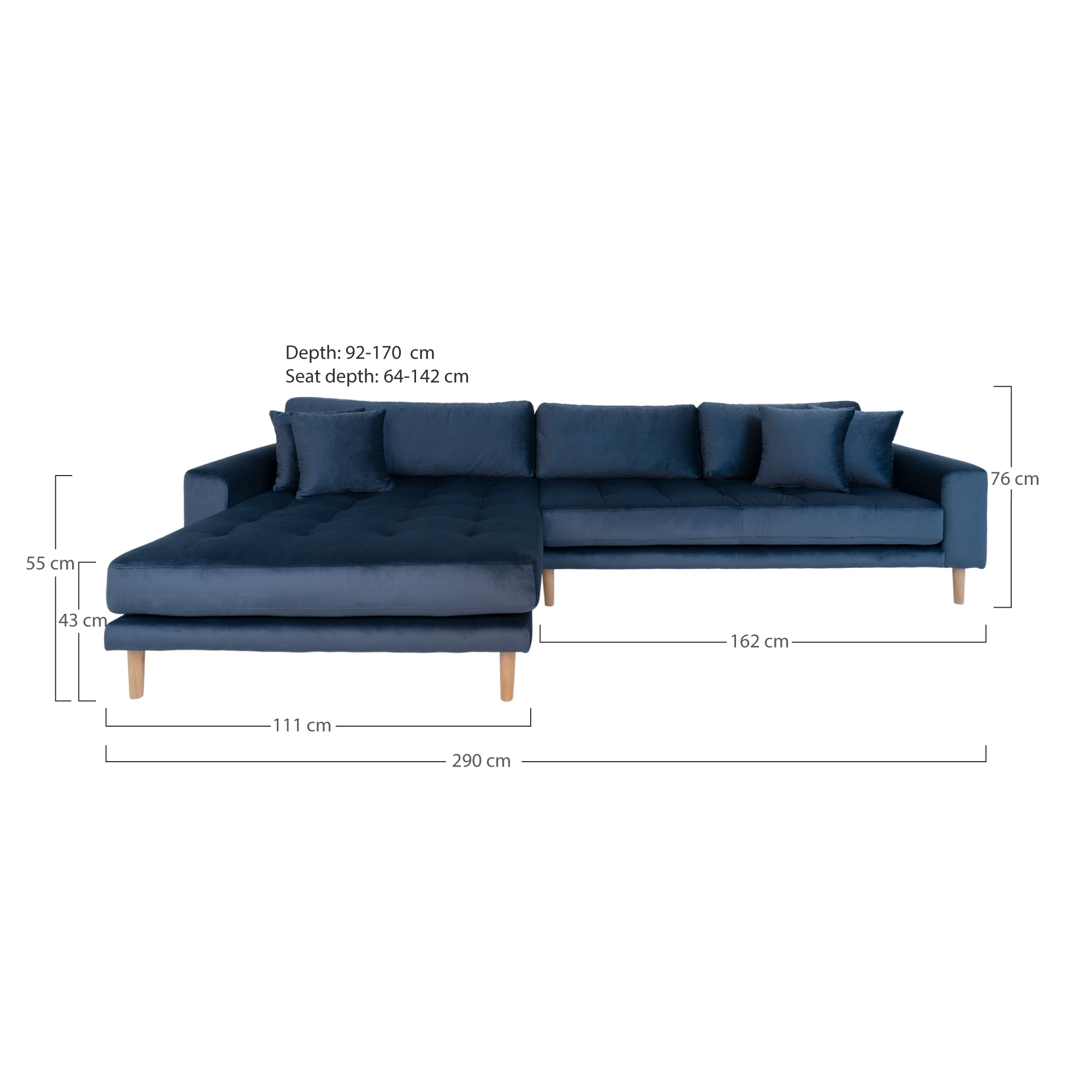 Lido Samt-Loungesofa 290x170 cm dunkelblau mit Ottomane links, 4 Kissen und Holzbeinen natur