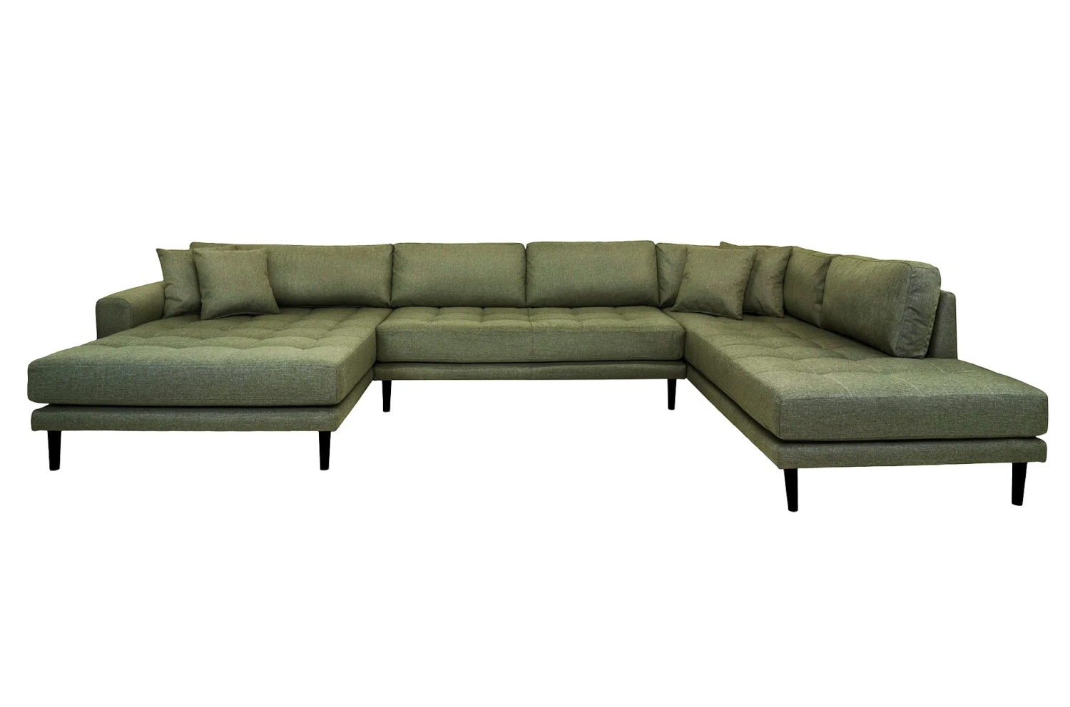 Lido Sofa U-Form, links gewendet, olivgrün mit 4 Kissen und schwarzen Holzbeinen