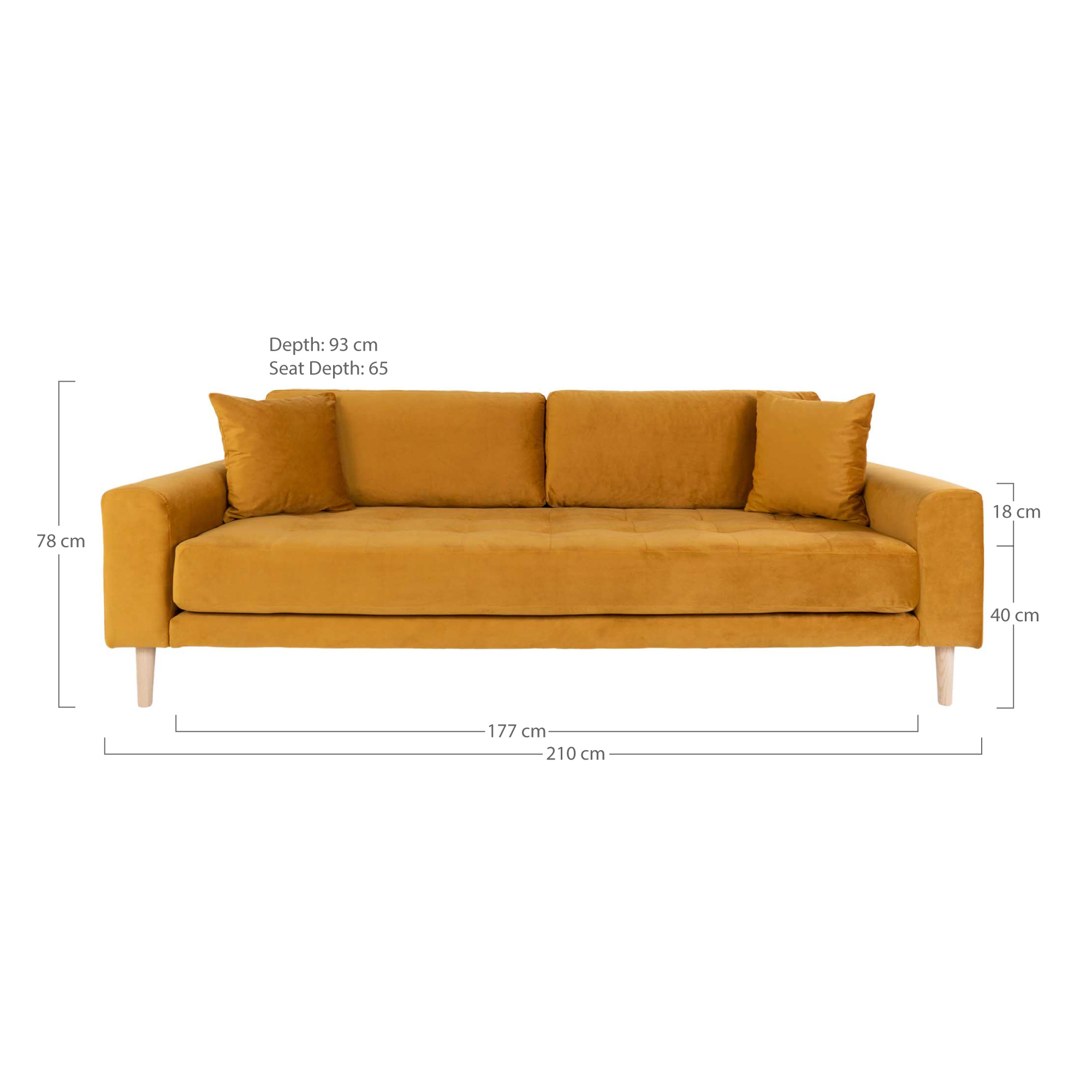 Lido 3-Sitzer Samt-Sofa senfgelb mit 2 Kissen und Holzbeinen natur