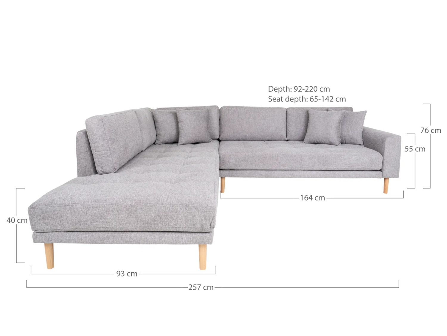 Lido Ecksofa 257x220 cm hellgrau mit Ottomane links, 4 Kissen und Holzbeinen natur