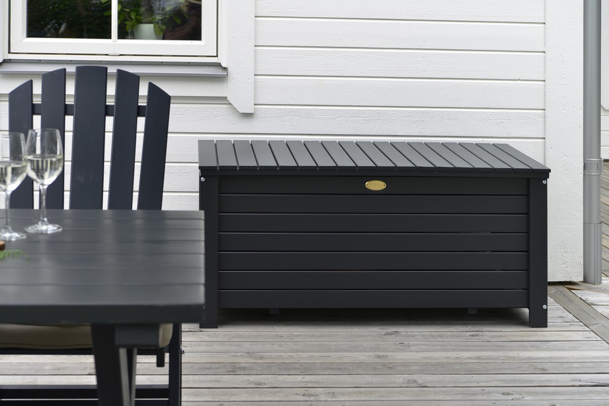 Läckö Gartenbox 134 x 59 x 64 cm orkangrau , Holz-Auflagenbox, Deckel wasserfest