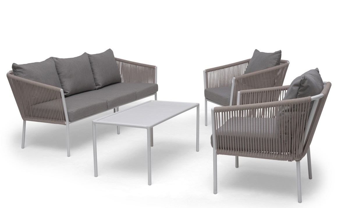 Lersund Loungegruppe Alu weiß/Olefin beige, Sofa / 2 Sessel / Tisch / Kissen