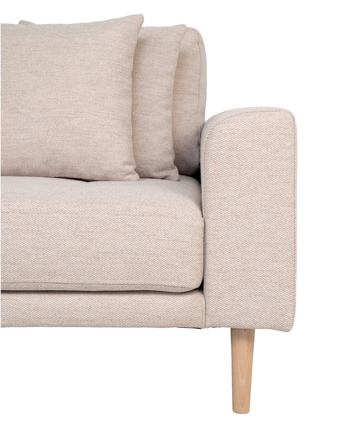 Lido Loungesofa 290x170 cm sand mit Ottomane rechts, 4 Kissen und Holzbeinen natur