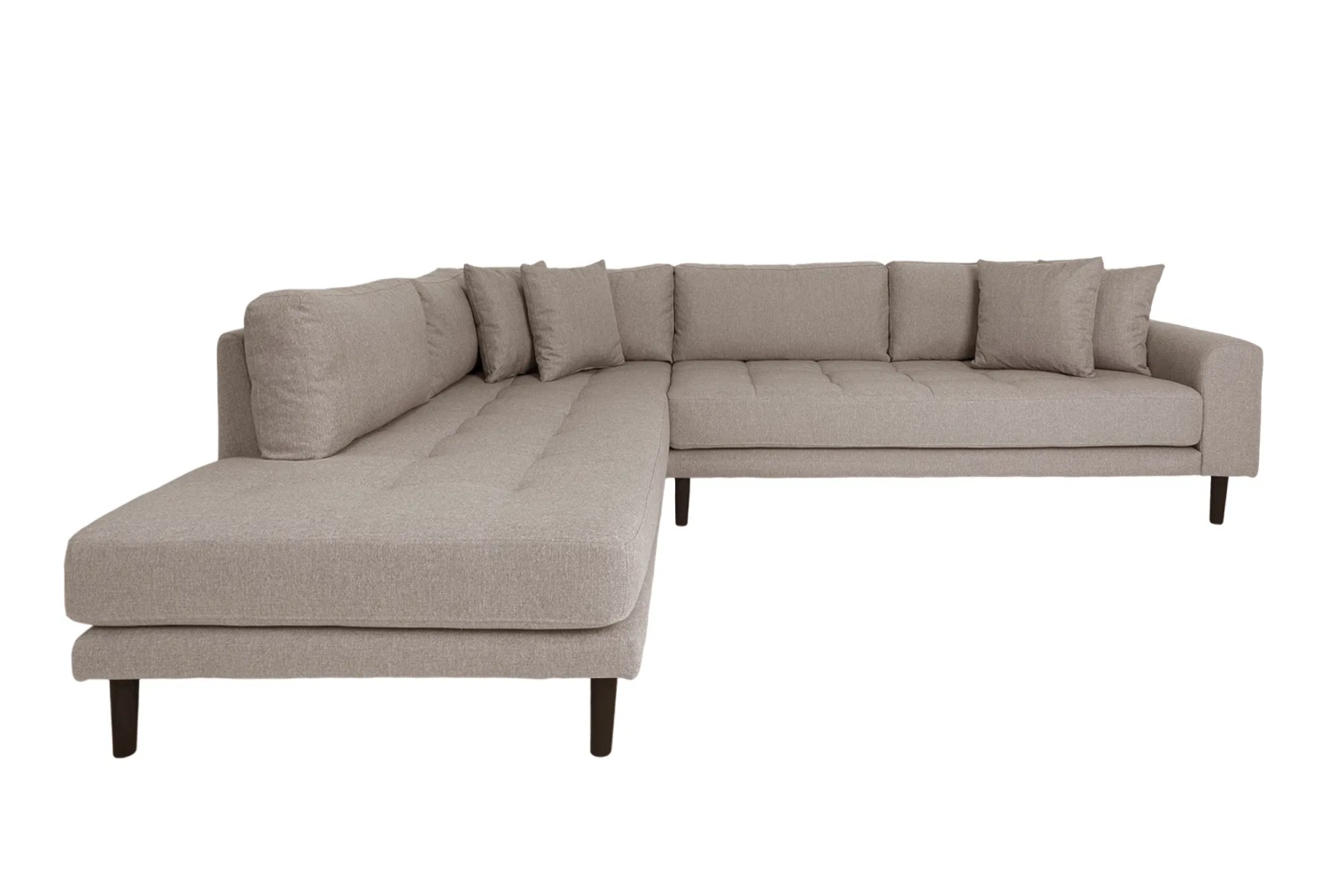 Lido Ecksofa 257x220 cm stone mit Ottomane links, 4 Kissen und Holzbeinen schwarz