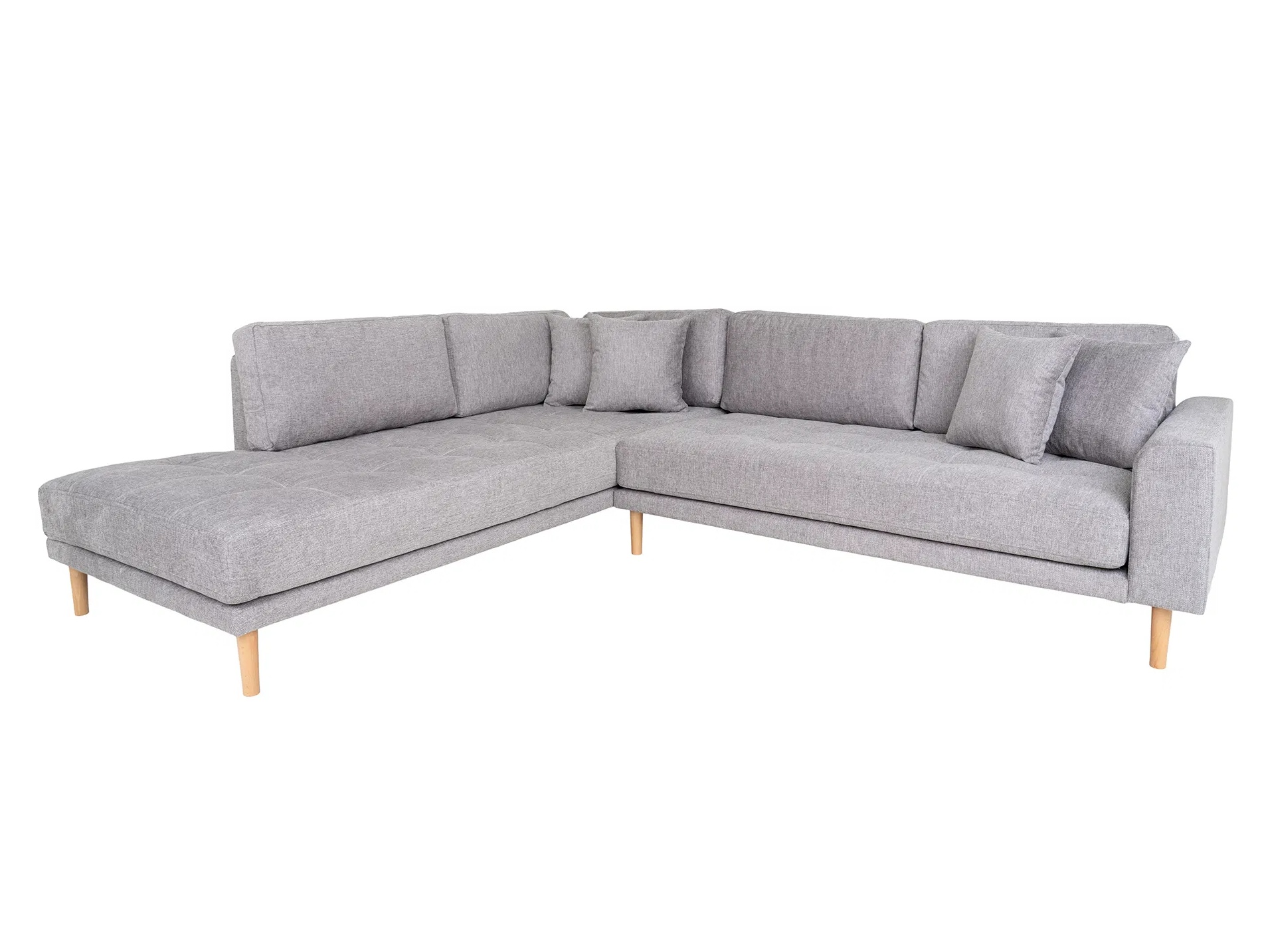 Lido Ecksofa 257x220 cm hellgrau mit Ottomane links, 4 Kissen und Holzbeinen natur