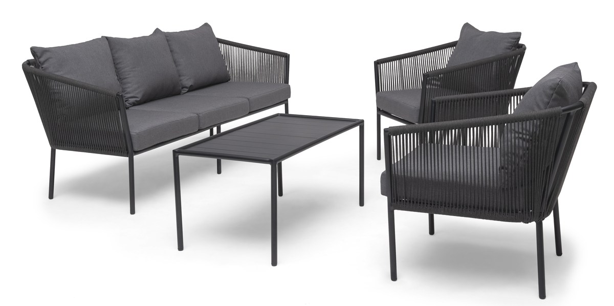 Lersund Loungegruppe Alu schwarz/Olefin grau, Sofa / 2 Sessel / Tisch / Kissen
