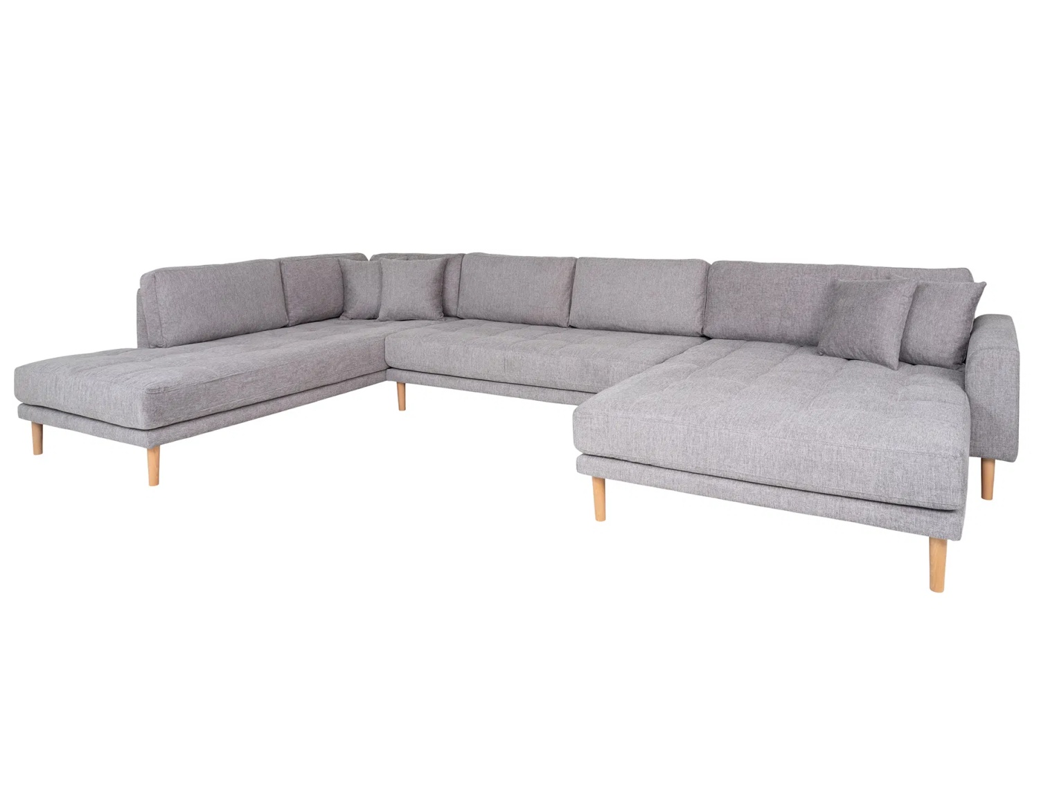 Lido Sofa U-Form, rechts gewendet, hellgrau mit 4 Kissen und Holzbeinen natur