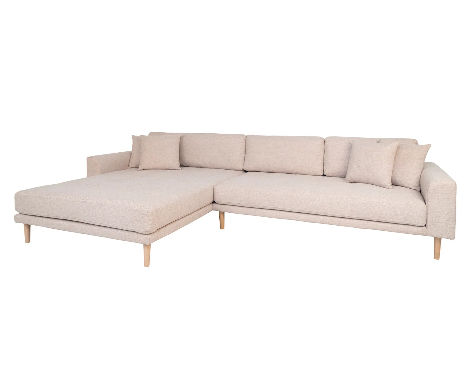 Lido Loungesofa 290x170 cm sand mit Ottomane rechts, 4 Kissen und Holzbeinen natur