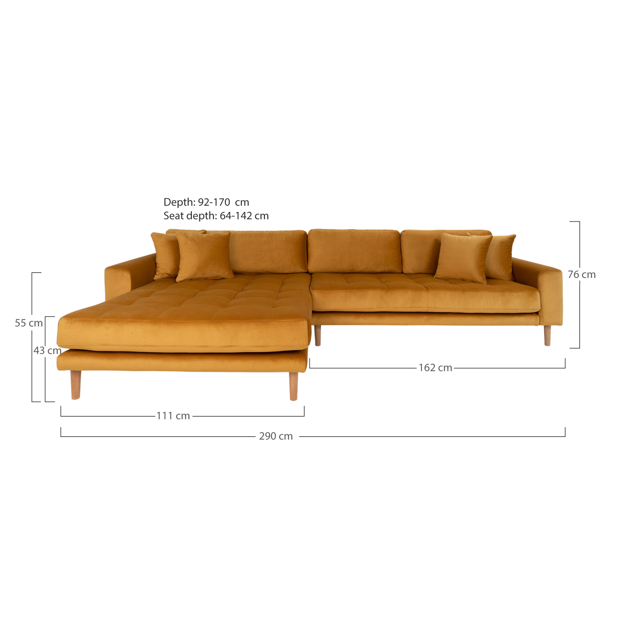 Lido Samt-Loungesofa 290x170 cm senfgelb mit Ottomane links, 4 Kissen und Holzbeinen natur