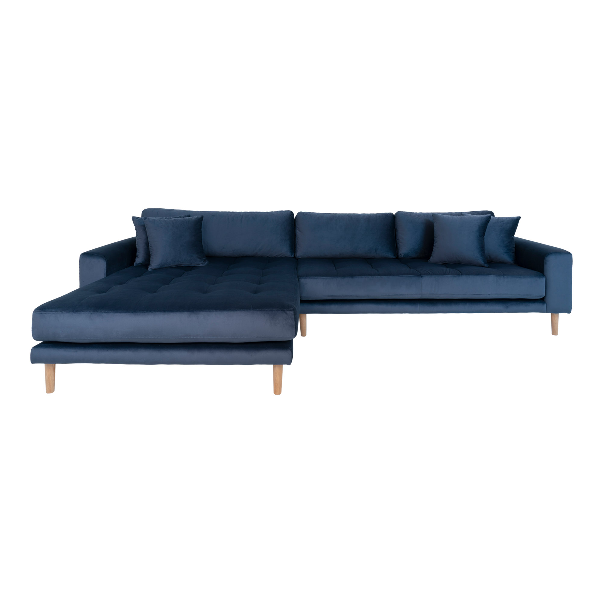Lido Samt-Loungesofa 290x170 cm dunkelblau mit Ottomane links, 4 Kissen und Holzbeinen natur
