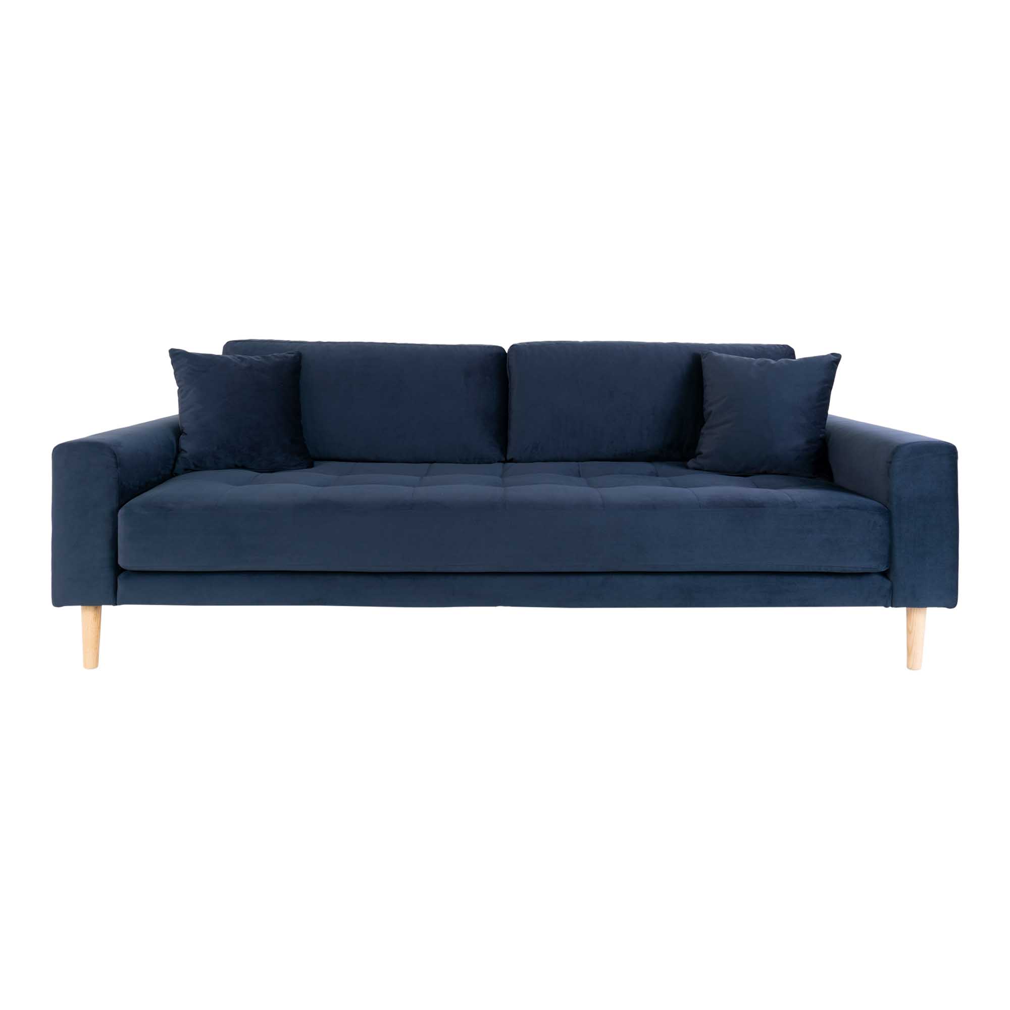 Lido 3-Sitzer Samt-Sofa dunkelblau mit 2 Kissen und Holzbeinen natur