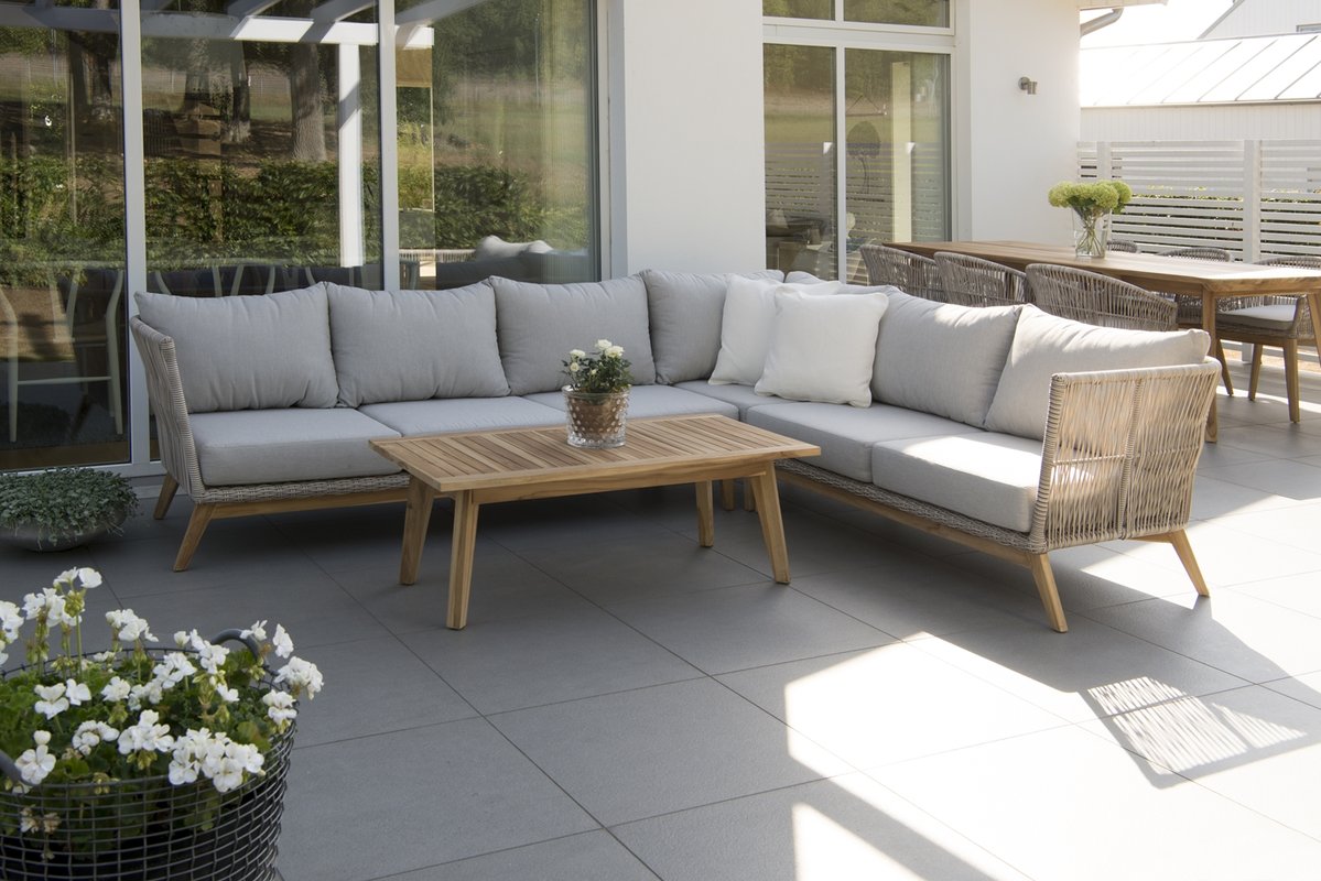 Himmelsnäs Ecksofa Teak/Polyrattan-Geflecht beige, inkl. Kissen