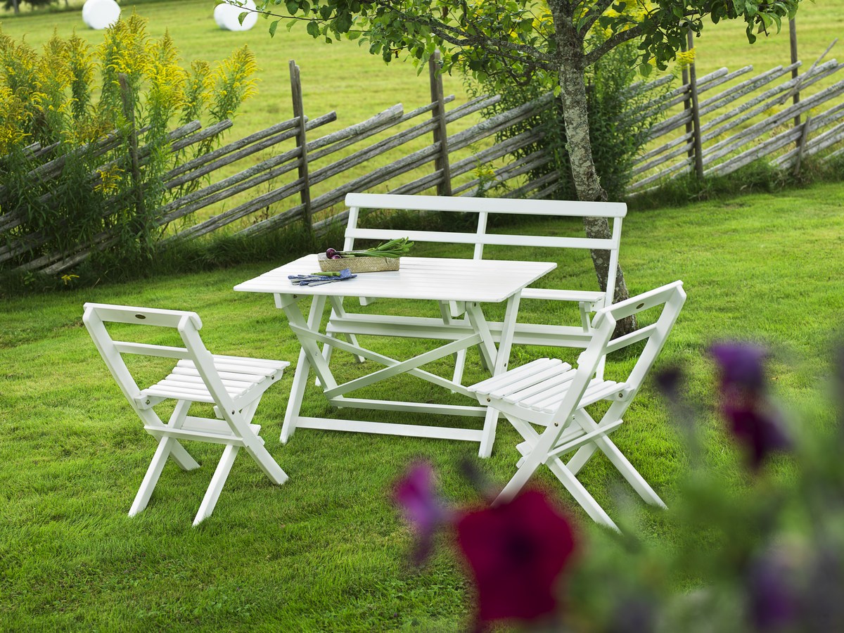 Torpet Garten-Sitzgruppe klappbar, Kiefer weiß, Tisch/Bank/2 Stühle