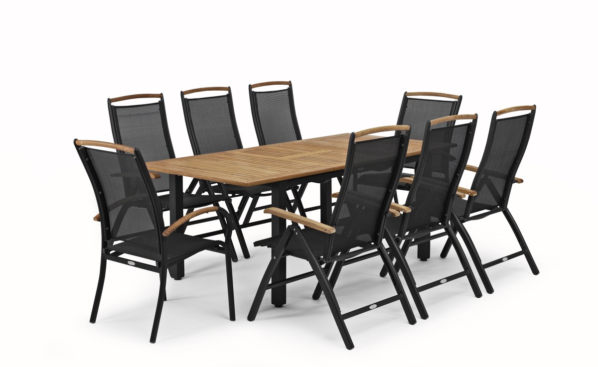 Nydala Hochlehner-Klappsessel schwarz Alu/Textilene mit Teak-Details