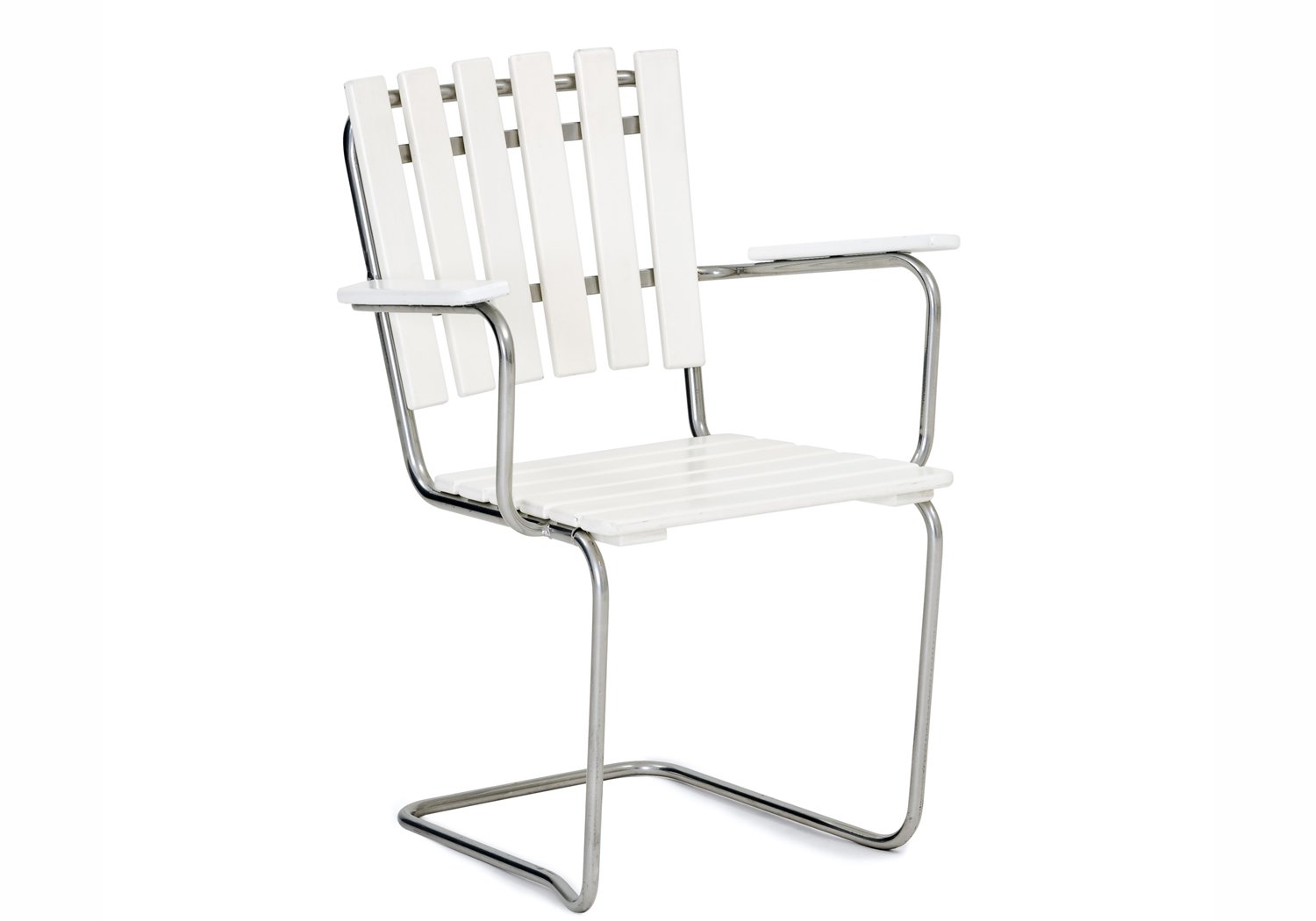 Sandhamn Schwingsessel 4-er Set, Kiefer weiß/Stahlrohr silber, Stapelsessel