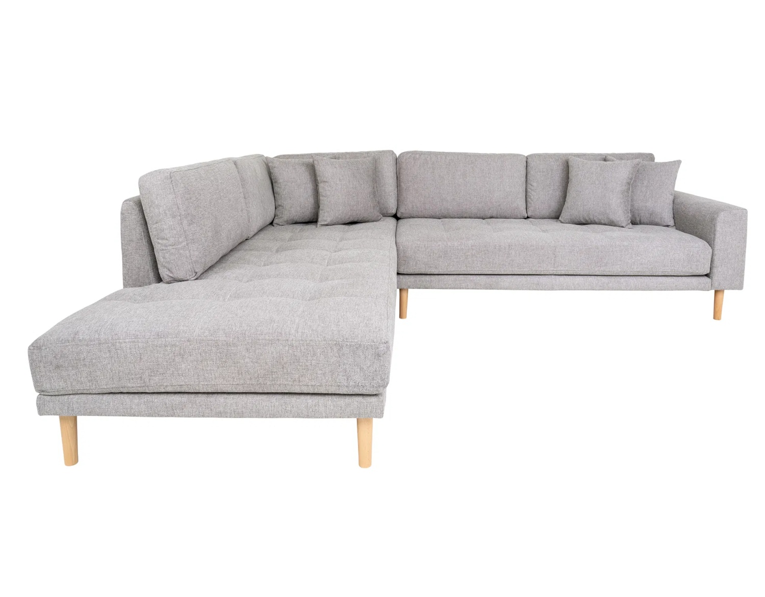 Lido Ecksofa 257x220 cm hellgrau mit Ottomane links, 4 Kissen und Holzbeinen natur