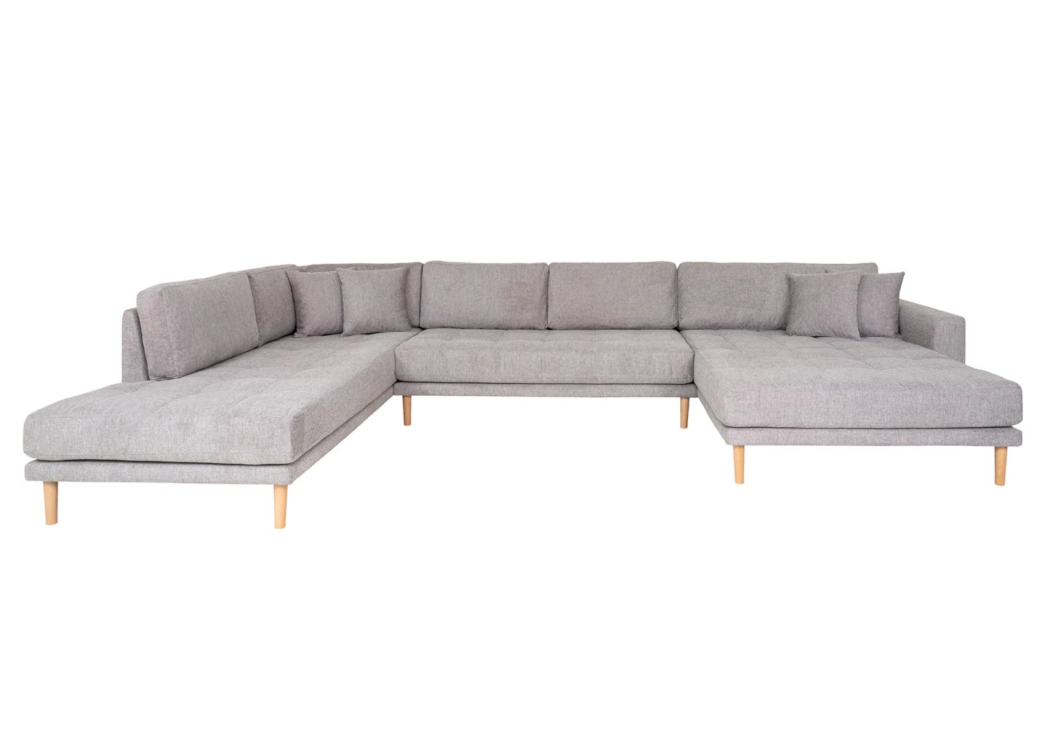 Lido Sofa U-Form, rechts gewendet, hellgrau mit 4 Kissen und Holzbeinen natur