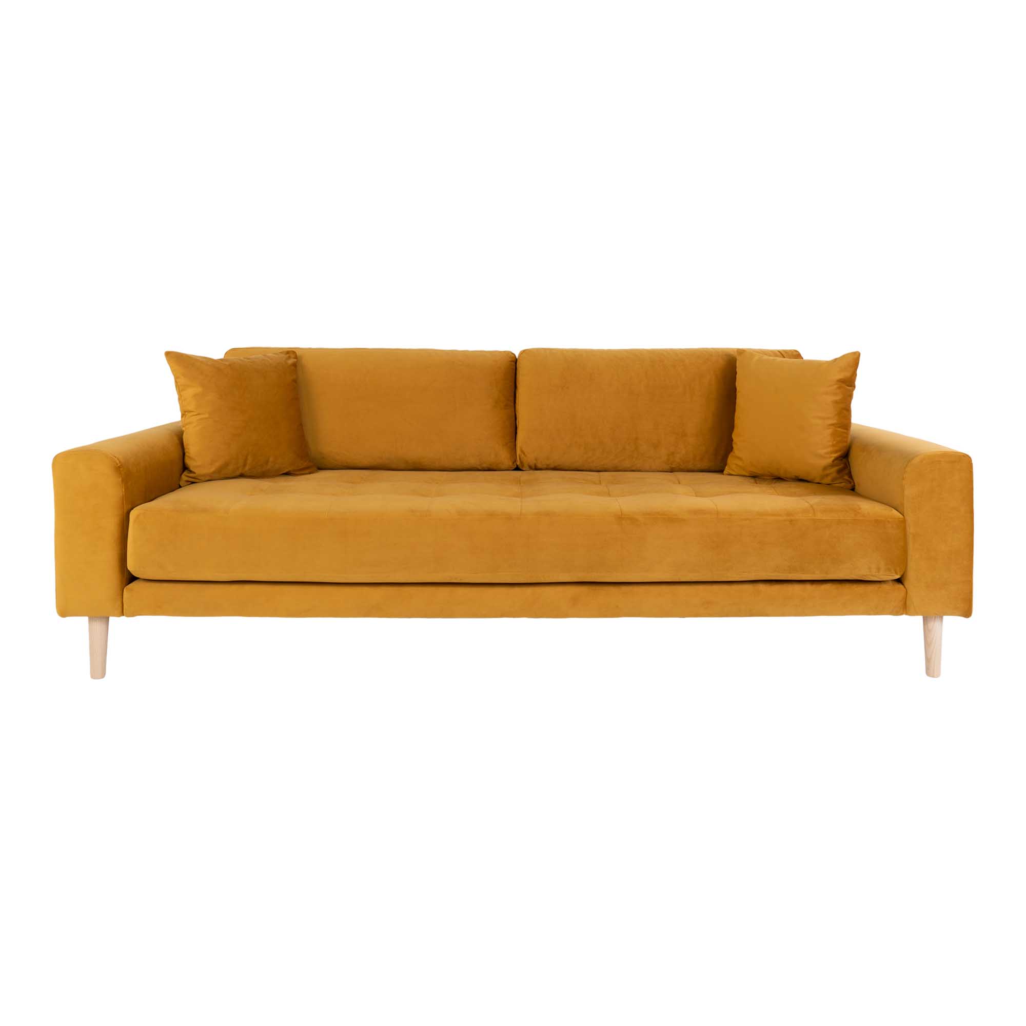 Lido 3-Sitzer Samt-Sofa senfgelb mit 2 Kissen und Holzbeinen natur