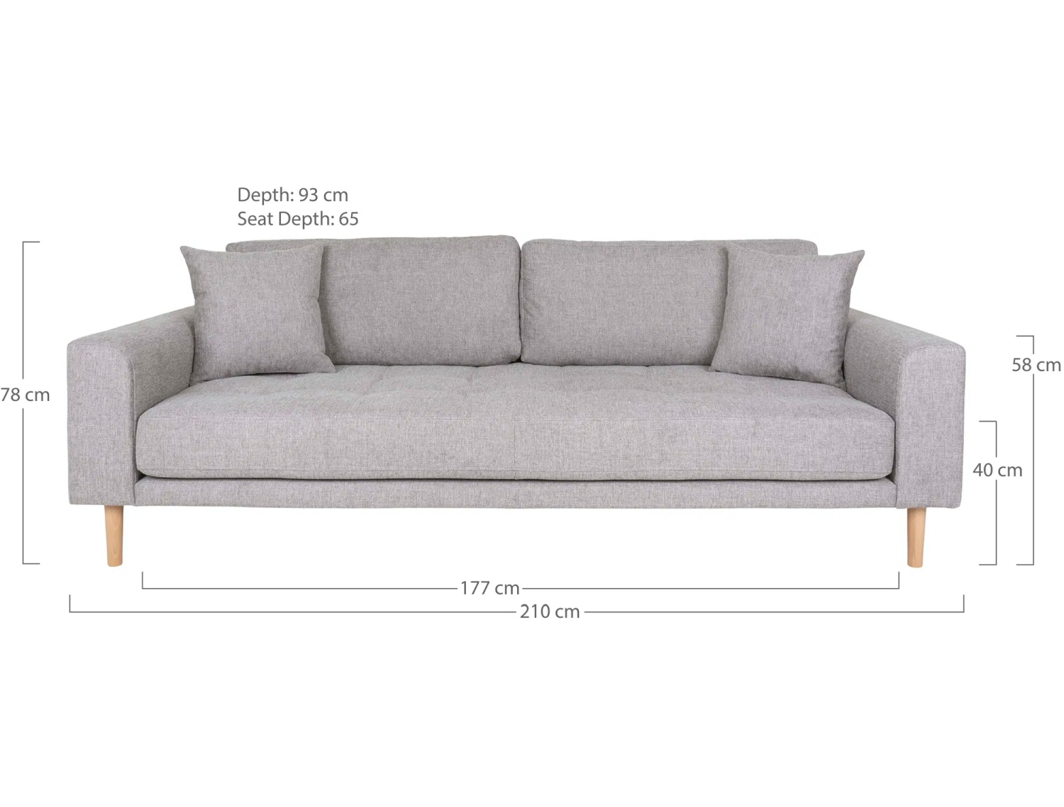 Lido 3-Sitzer-Sofa hellgrau mit 2 Kissen und Holzbeinen schwarz