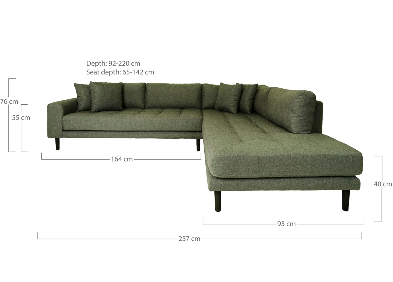 Lido Ecksofa 257x220 cm olivgrün mit Ottomane rechts, 4 Kissen und Holzbeinen schwarz