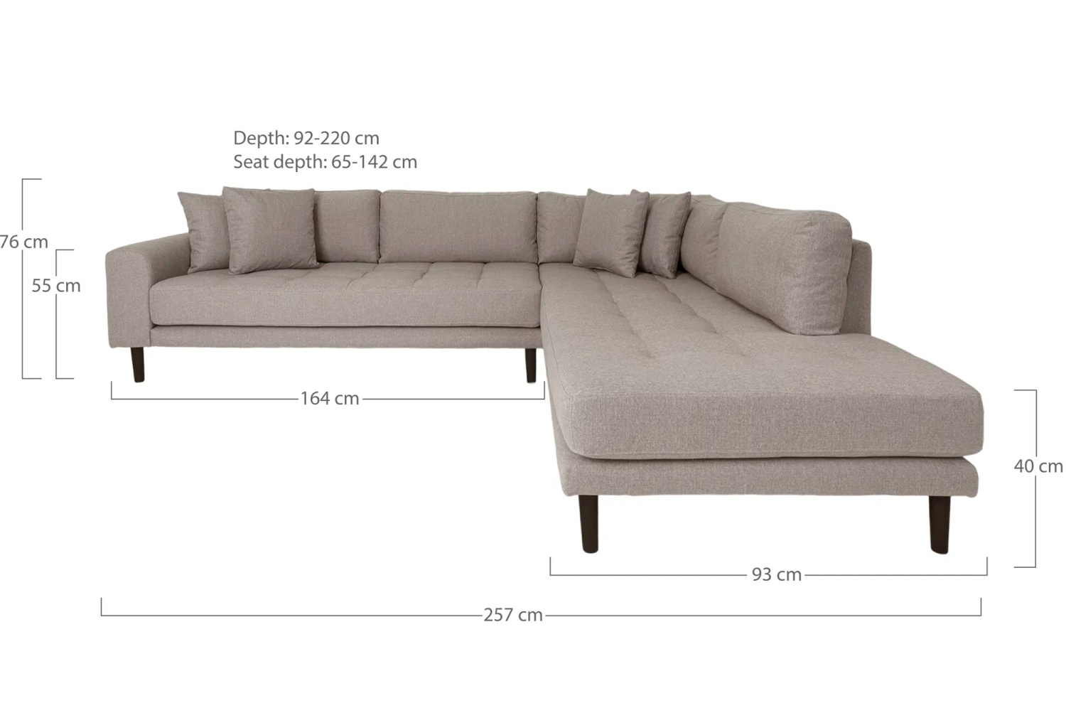 Lido Ecksofa 257x220 cm stone mit Ottomane rechts, 4 Kissen und Holzbeinen schwarz