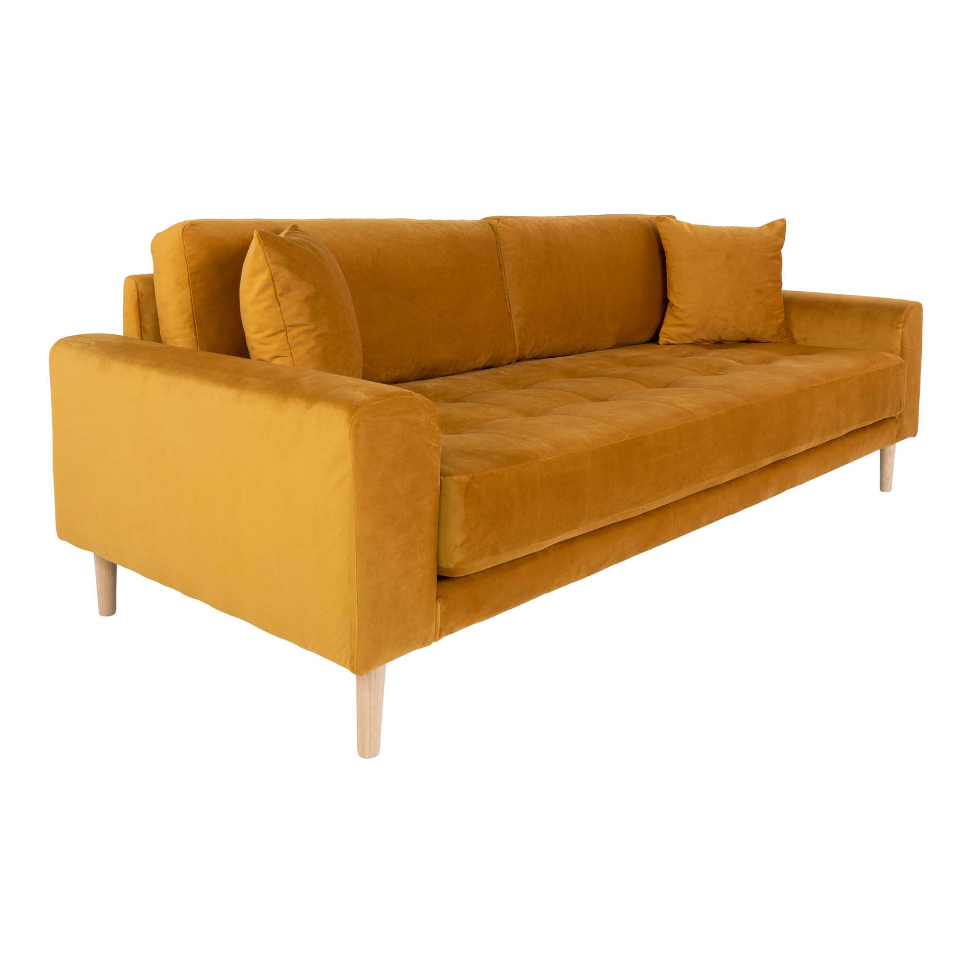 Lido 3-Sitzer Samt-Sofa senfgelb mit 2 Kissen und Holzbeinen natur