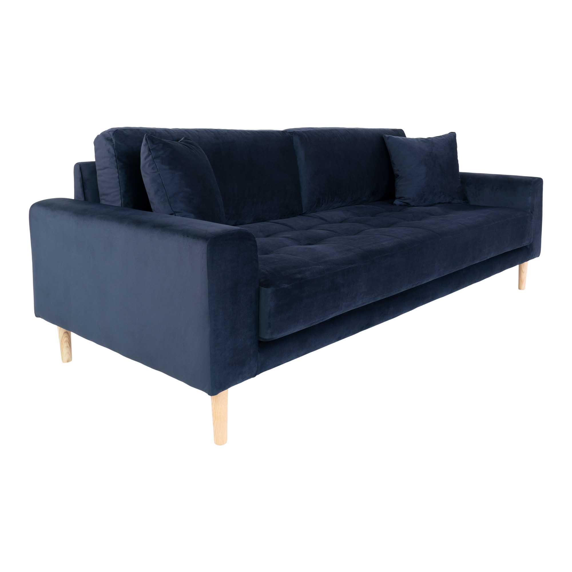 Lido 3-Sitzer Samt-Sofa dunkelblau mit 2 Kissen und Holzbeinen natur