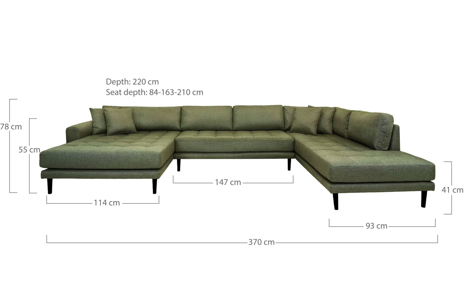 Lido Sofa U-Form, links gewendet, olivgrün mit 4 Kissen und schwarzen Holzbeinen