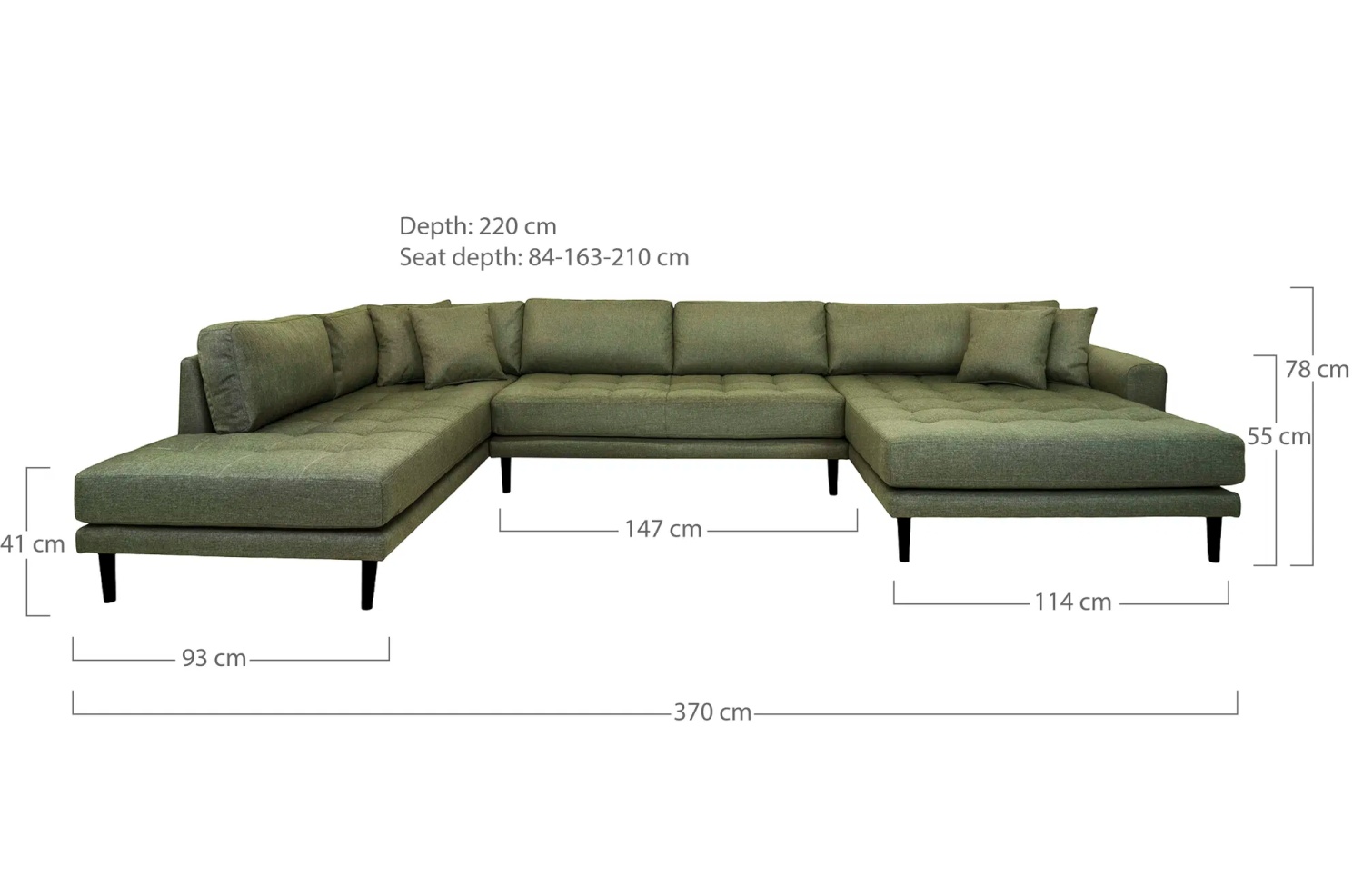 Lido Sofa U-Form, rechts gewendet, olivgrün mit 4 Kissen und schwarzen Holzbeinen