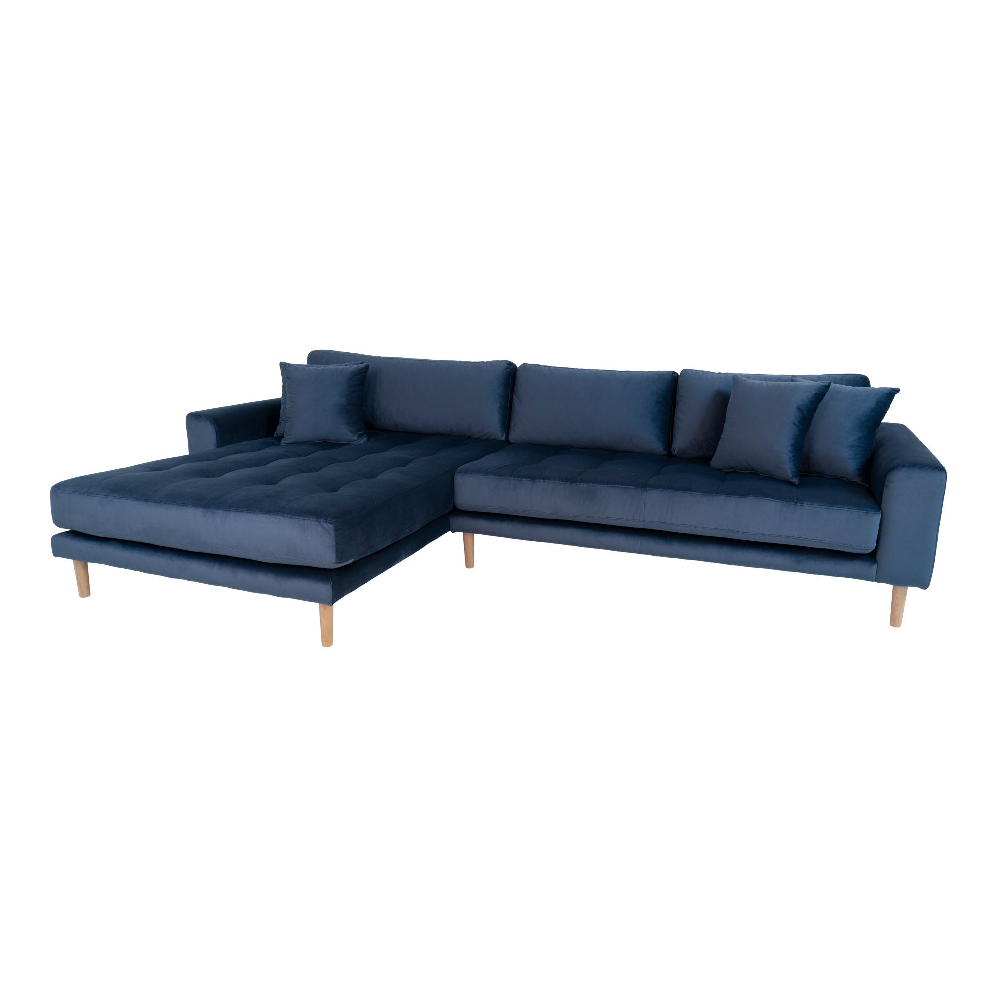 Lido Samt-Loungesofa 290x170 cm dunkelblau mit Ottomane links, 4 Kissen und Holzbeinen natur