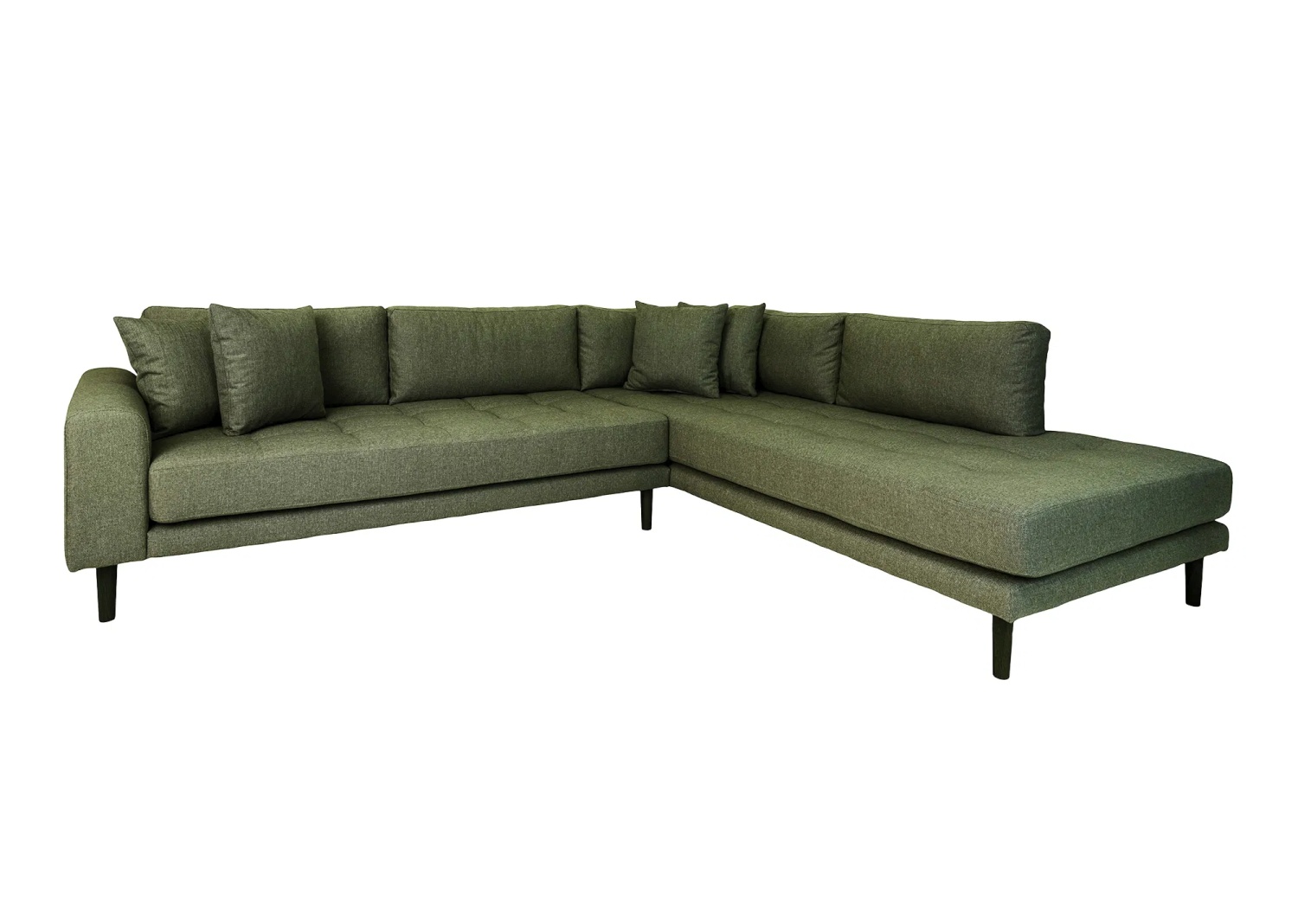 Lido Ecksofa 257x220 cm olivgrün mit Ottomane rechts, 4 Kissen und Holzbeinen schwarz