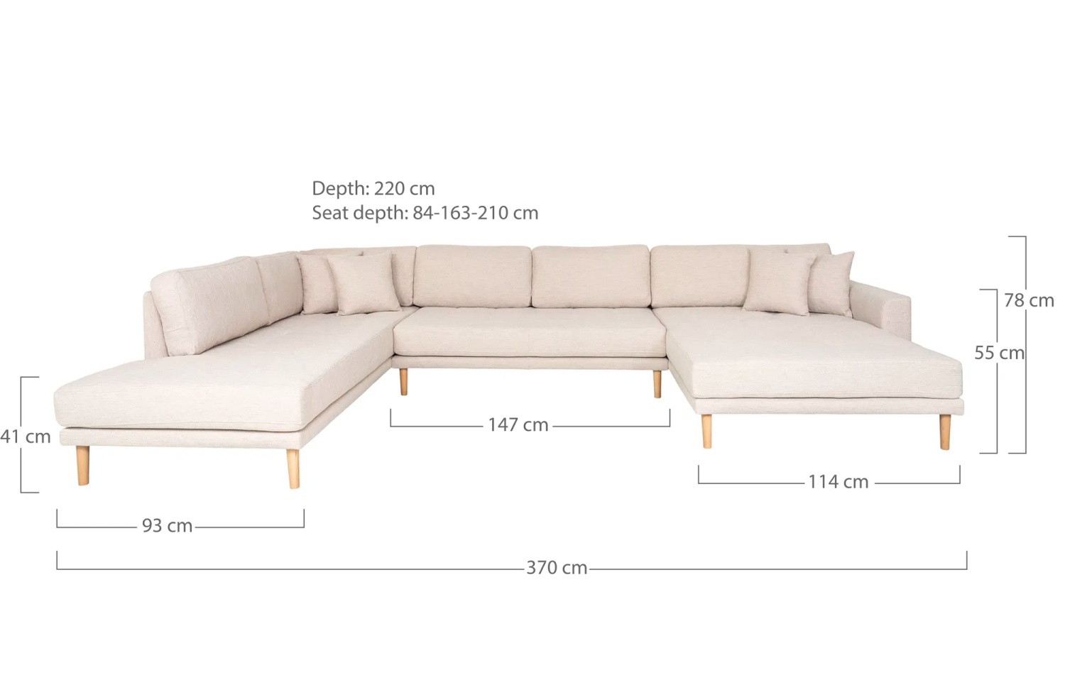Lido Sofa U-Form, rechts gewendet, sand mit 4 Kissen und Holzbeinen natur