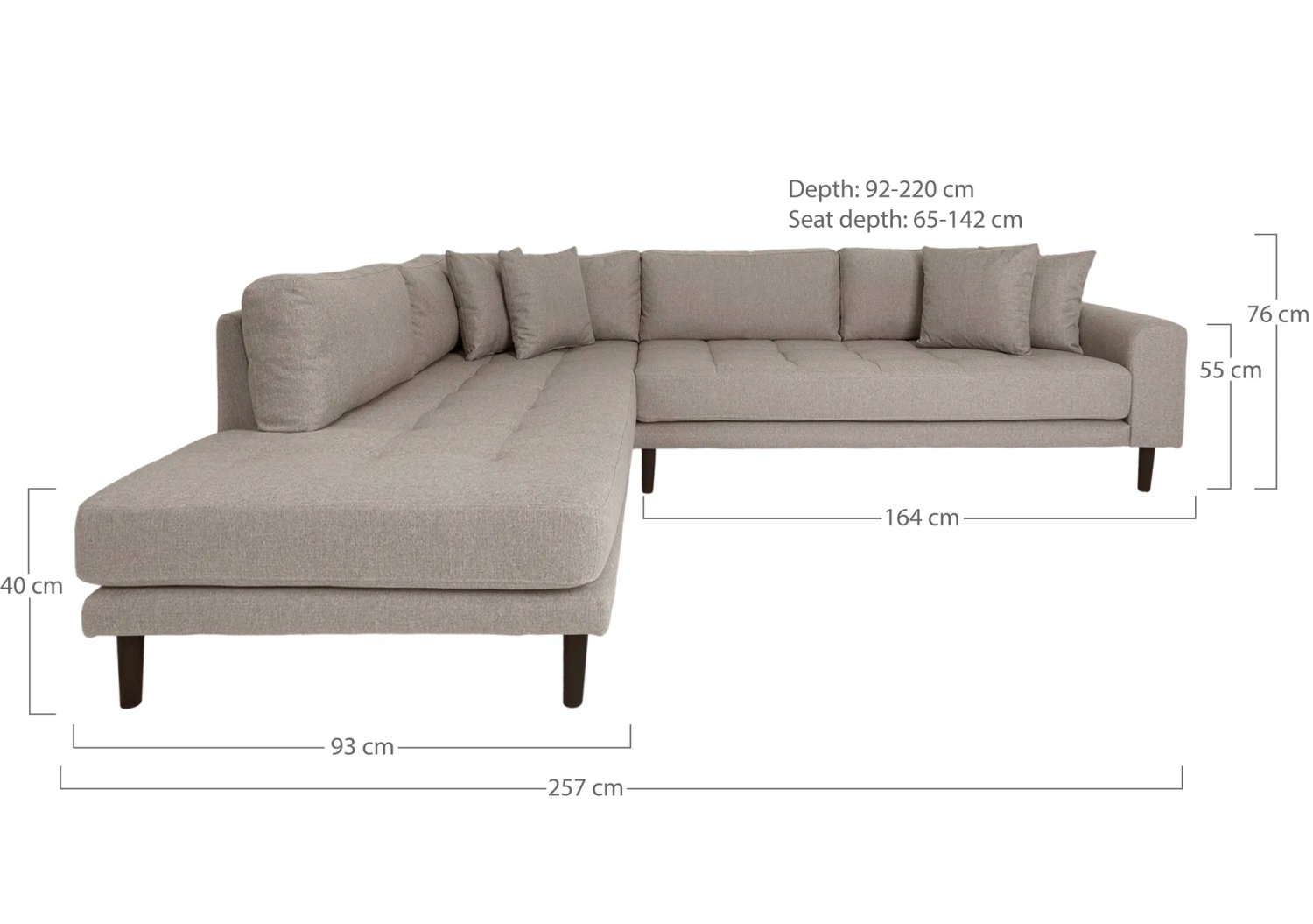 Lido Ecksofa 257x220 cm stone mit Ottomane links, 4 Kissen und Holzbeinen schwarz