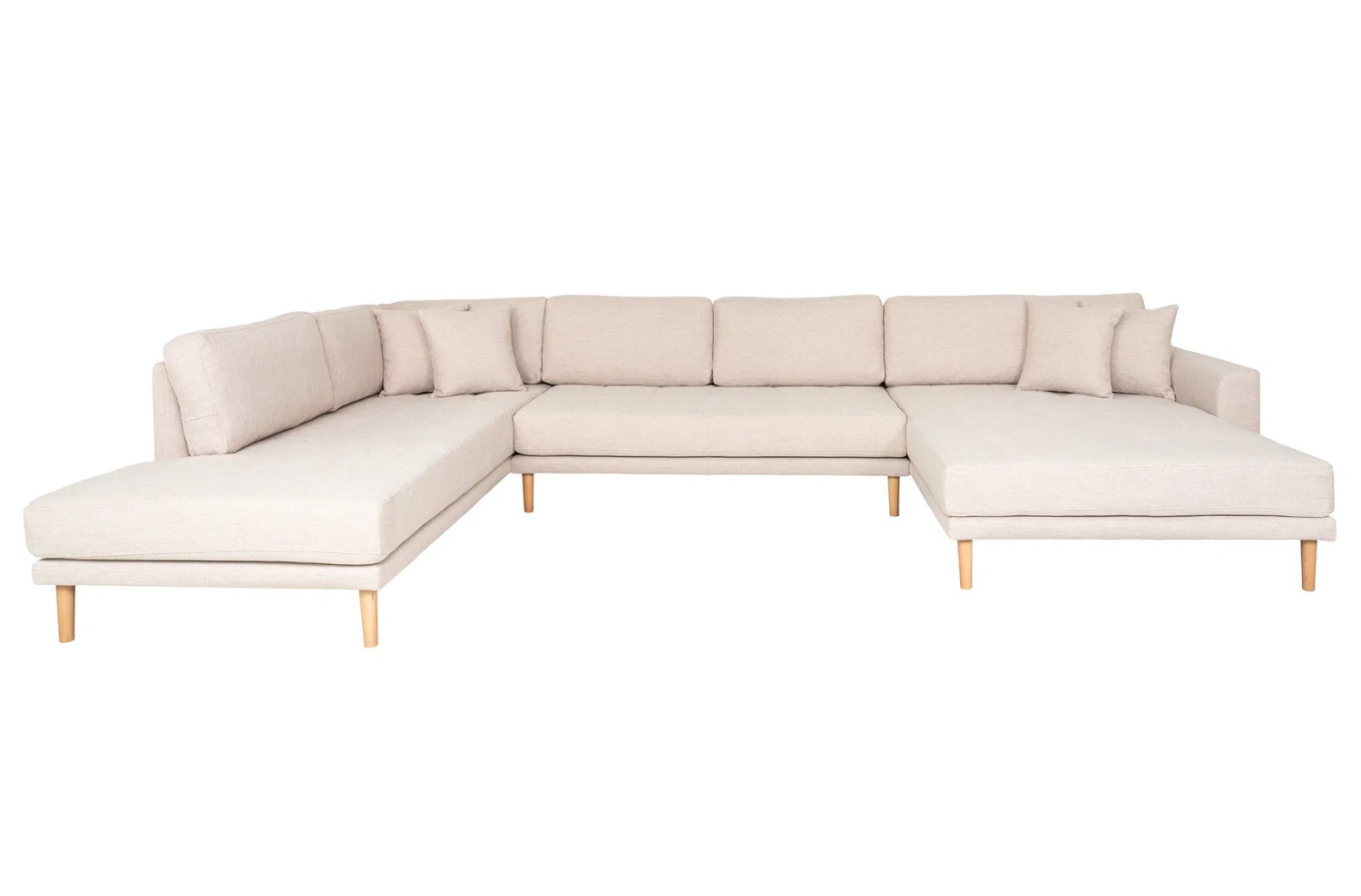 Lido Sofa U-Form, rechts gewendet, sand mit 4 Kissen und Holzbeinen natur