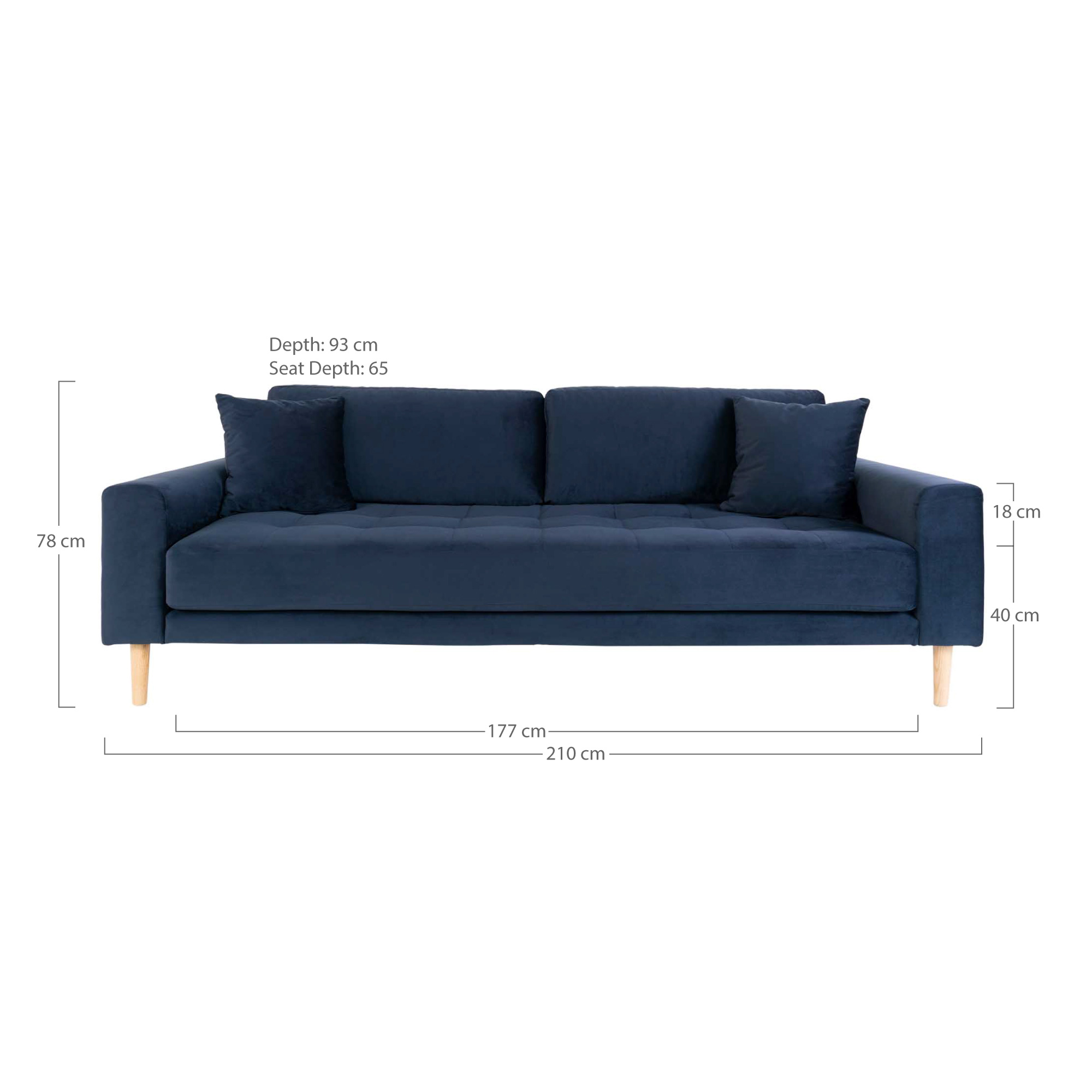Lido 3-Sitzer Samt-Sofa dunkelblau mit 2 Kissen und Holzbeinen natur