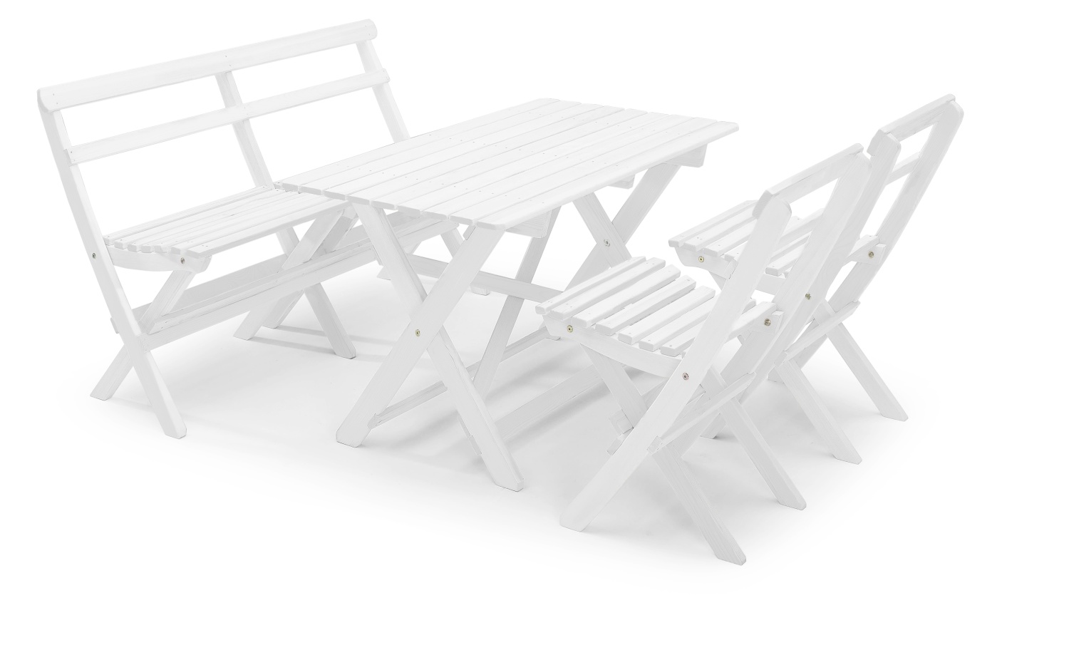 Torpet Garten-Sitzgruppe klappbar, Kiefer weiß, Tisch/Bank/2 Stühle
