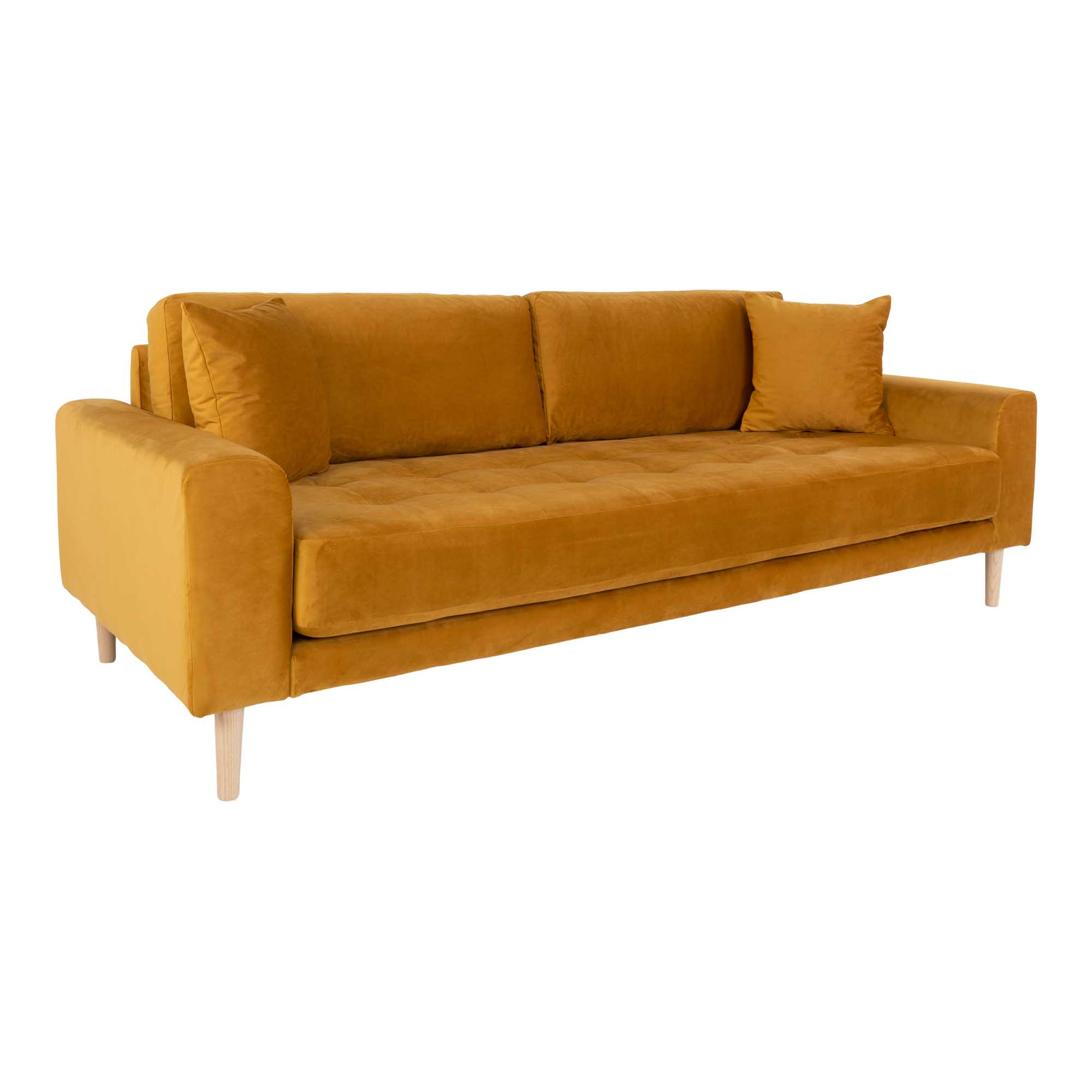 Lido 3-Sitzer Samt-Sofa senfgelb mit 2 Kissen und Holzbeinen natur