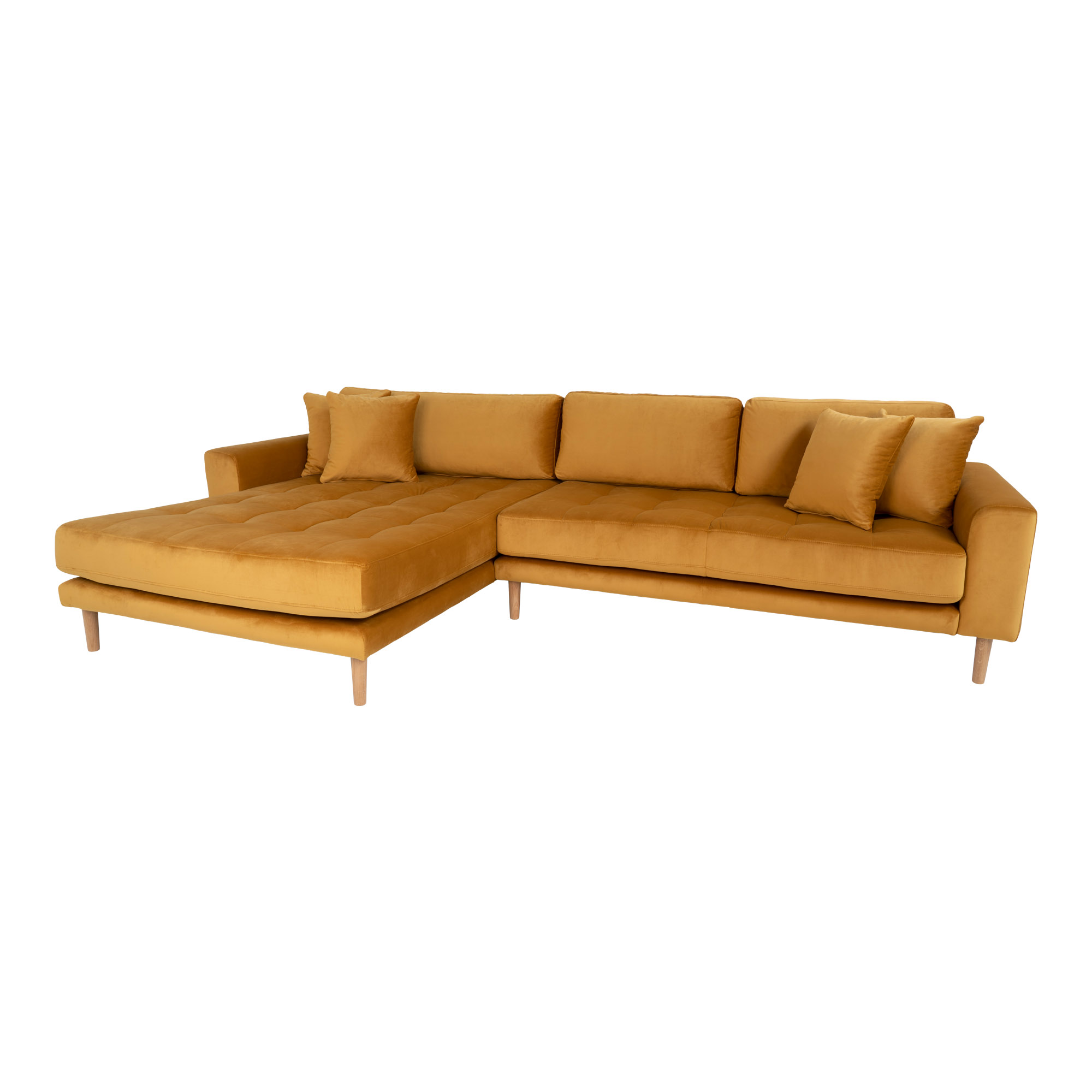 Lido Samt-Loungesofa 290x170 cm senfgelb mit Ottomane links, 4 Kissen und Holzbeinen natur